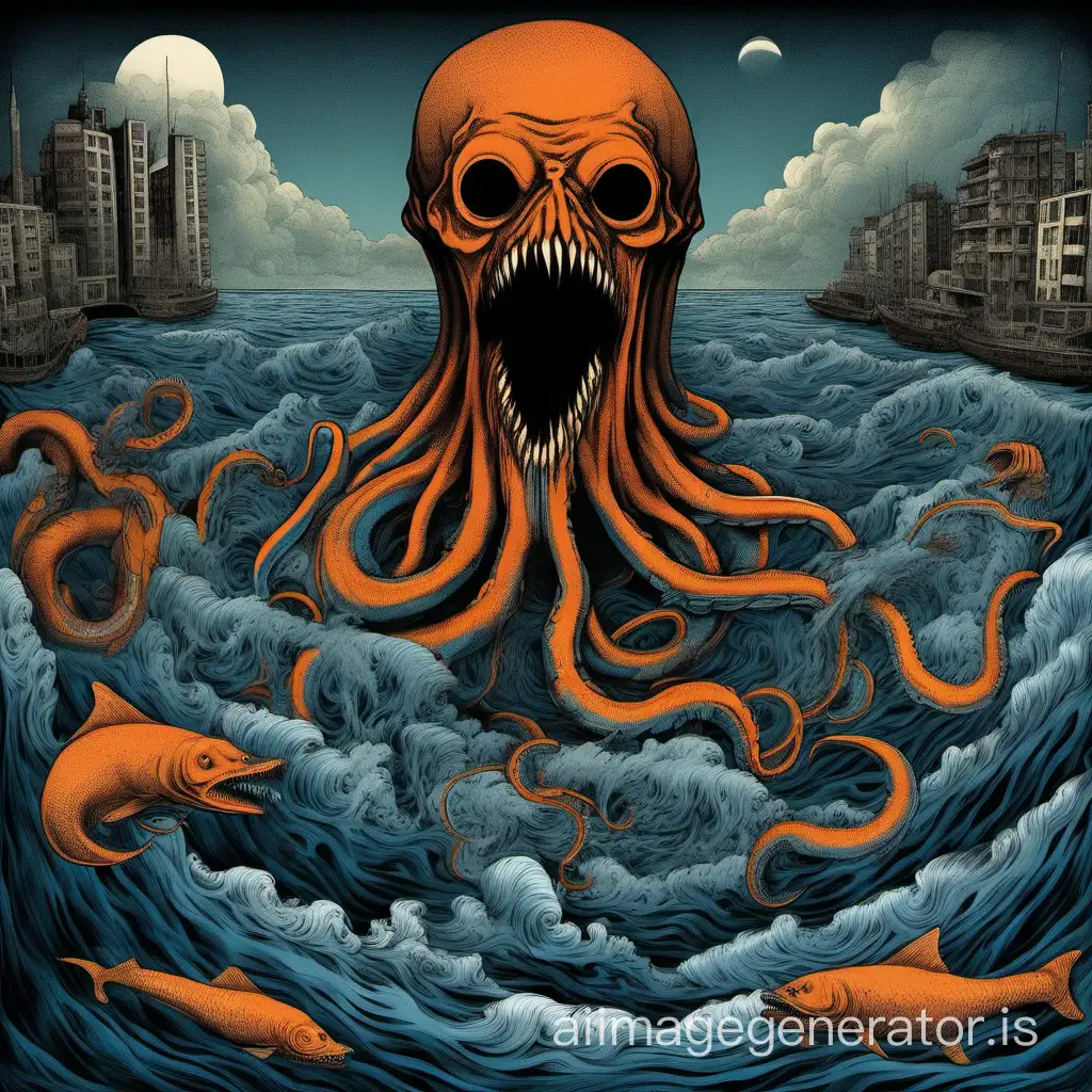 in gothic modern absurdist glory show what would be a perfect album cover for a harsh noise wall djent album with Lovecraftian epic monster influences and orange and blue colors, the album is called 'hips like a lampshade (mouth like the ocean floor)'