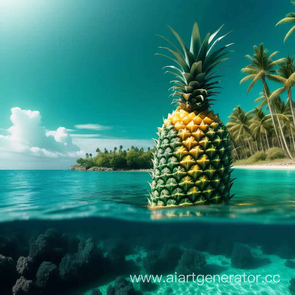 Огромный ананас на фоне Изумрудное море, коралловый остров, пальмы
