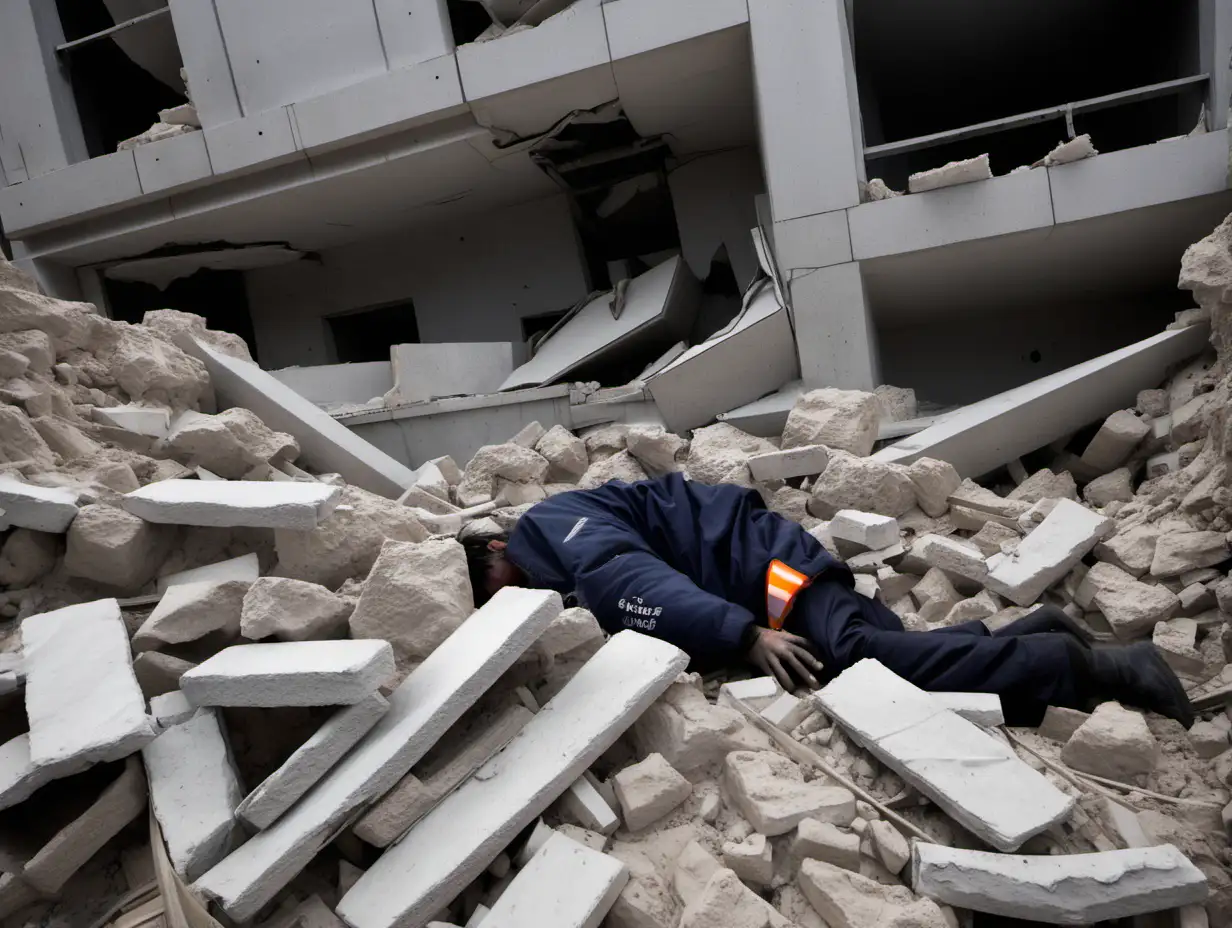 Emergency Rescuers Extracting Injured Person from Collapsed Building Debris