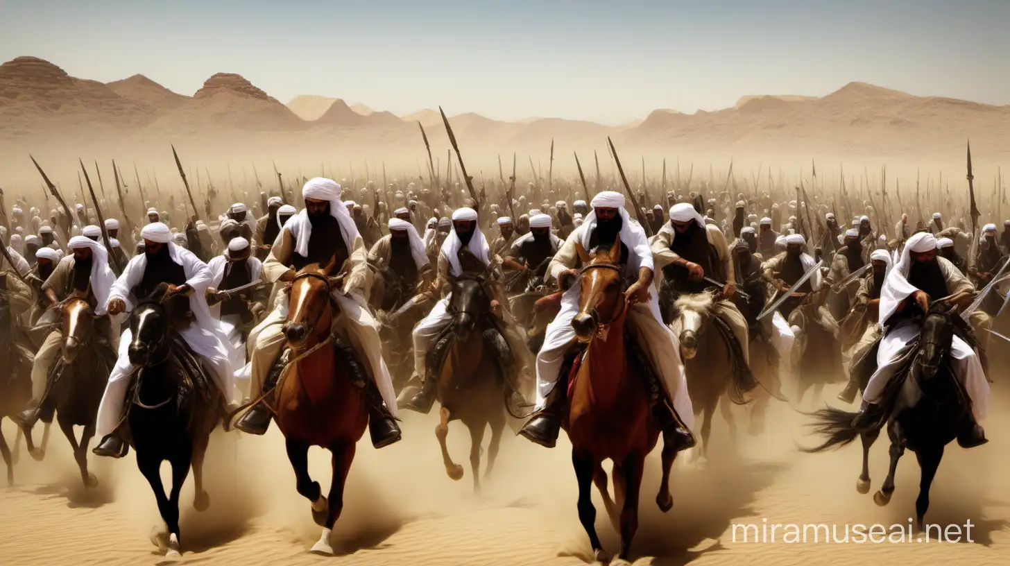 One foray, the army of Muslims fighting the army of infidels in a large desert, riding horses, carrying swords