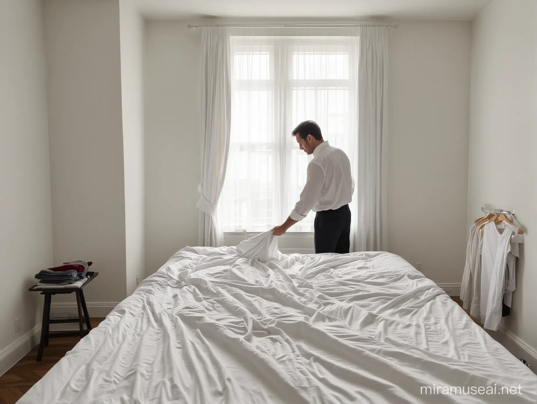 Man Standing by Window with Folded Clothing on Bed