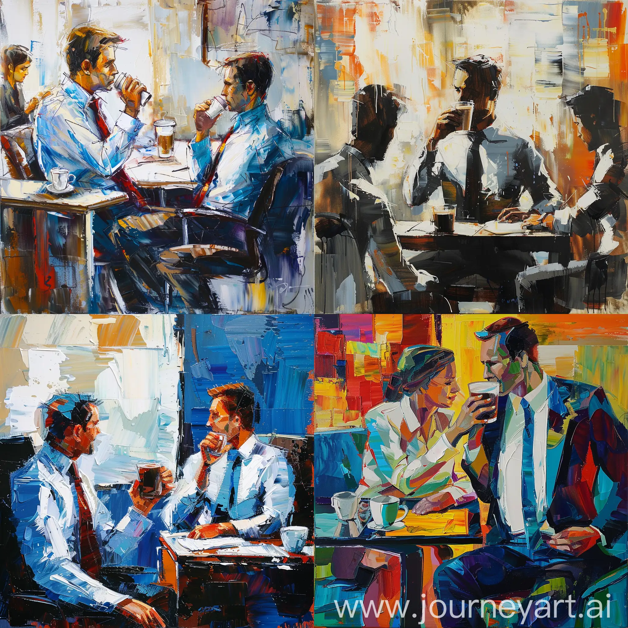 Abstract expressionism painting of a businessman sitting in the office, drinking coffee, giving tasks to other employee 