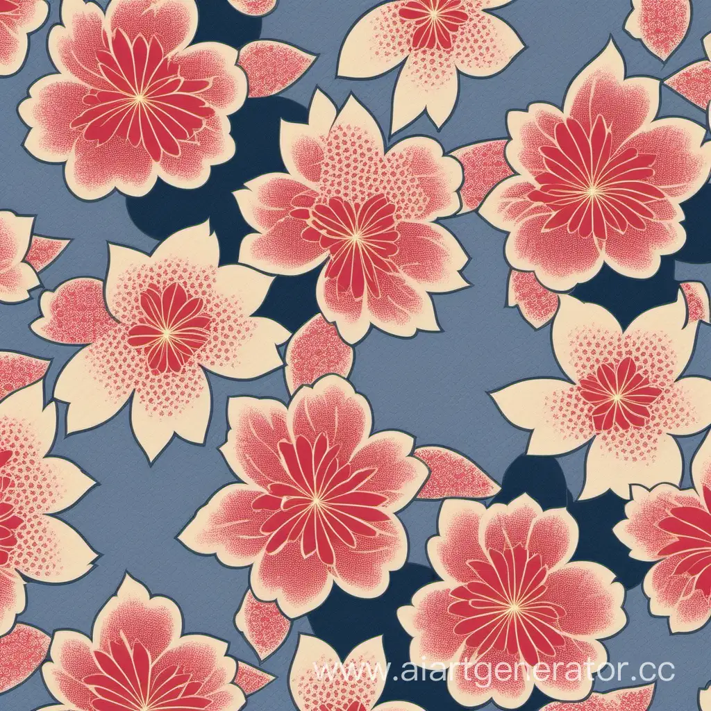 the color scheme is light, floral rapport diagonal pattern on the fabric; sakura flowers are used, sakura flowers consist of 5 petals, the flowers are separate from each other; teardrop-shaped leaves with slightly jagged edges, the style of the pattern is Japanese