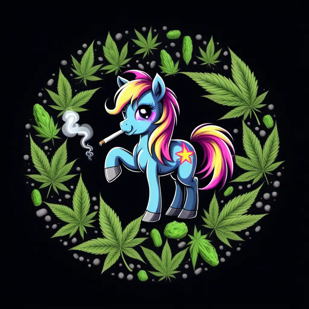 stoned little pony smoking marijuana in circle, black background