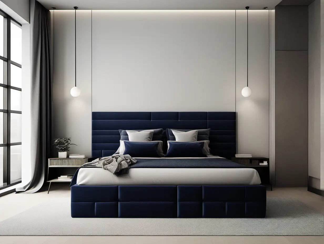 Modern Minimalist Living Room Interior with Navy Blue Bed