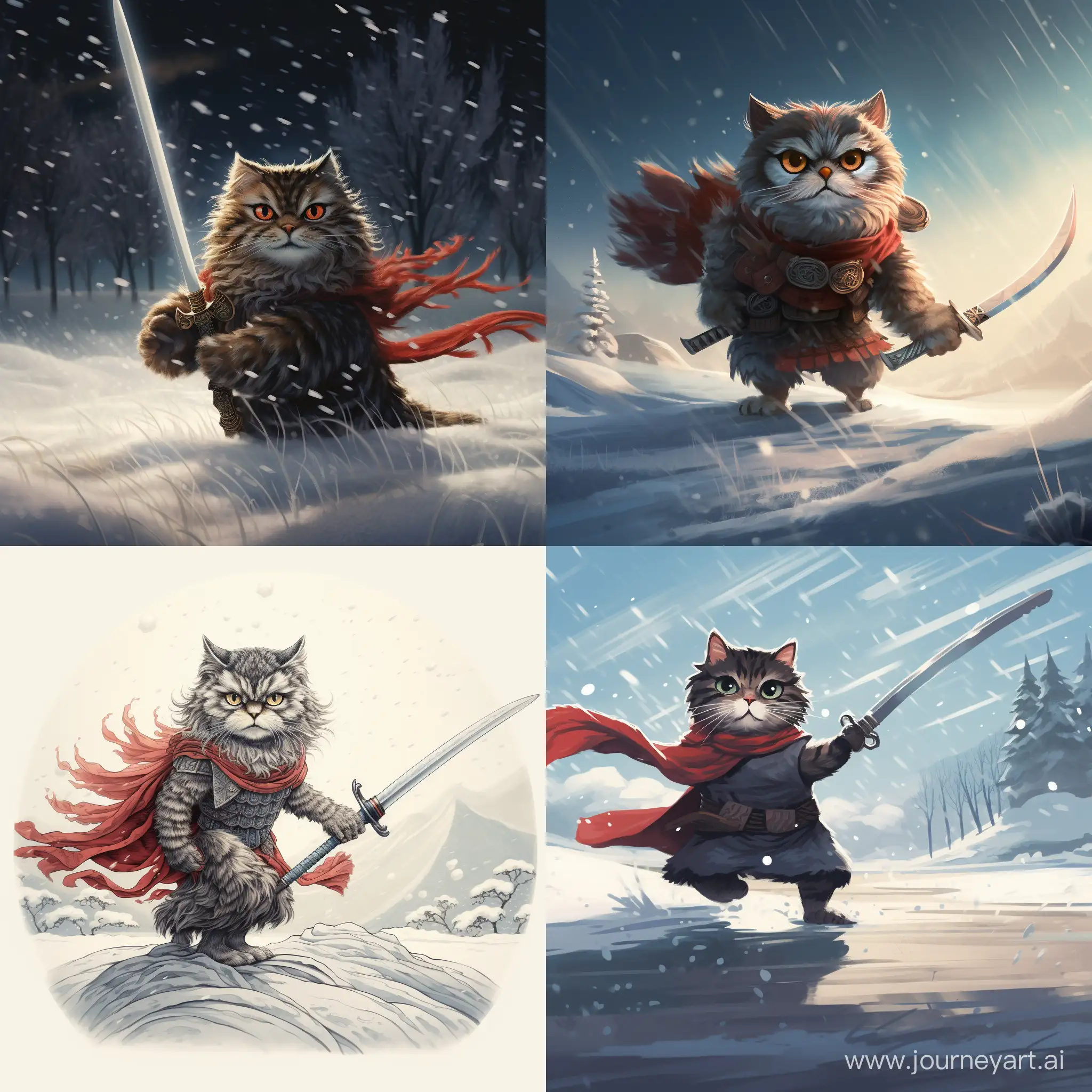 Fierce-Cat-Dueling-an-Owl-with-a-Katana-in-Snowy-Showdown