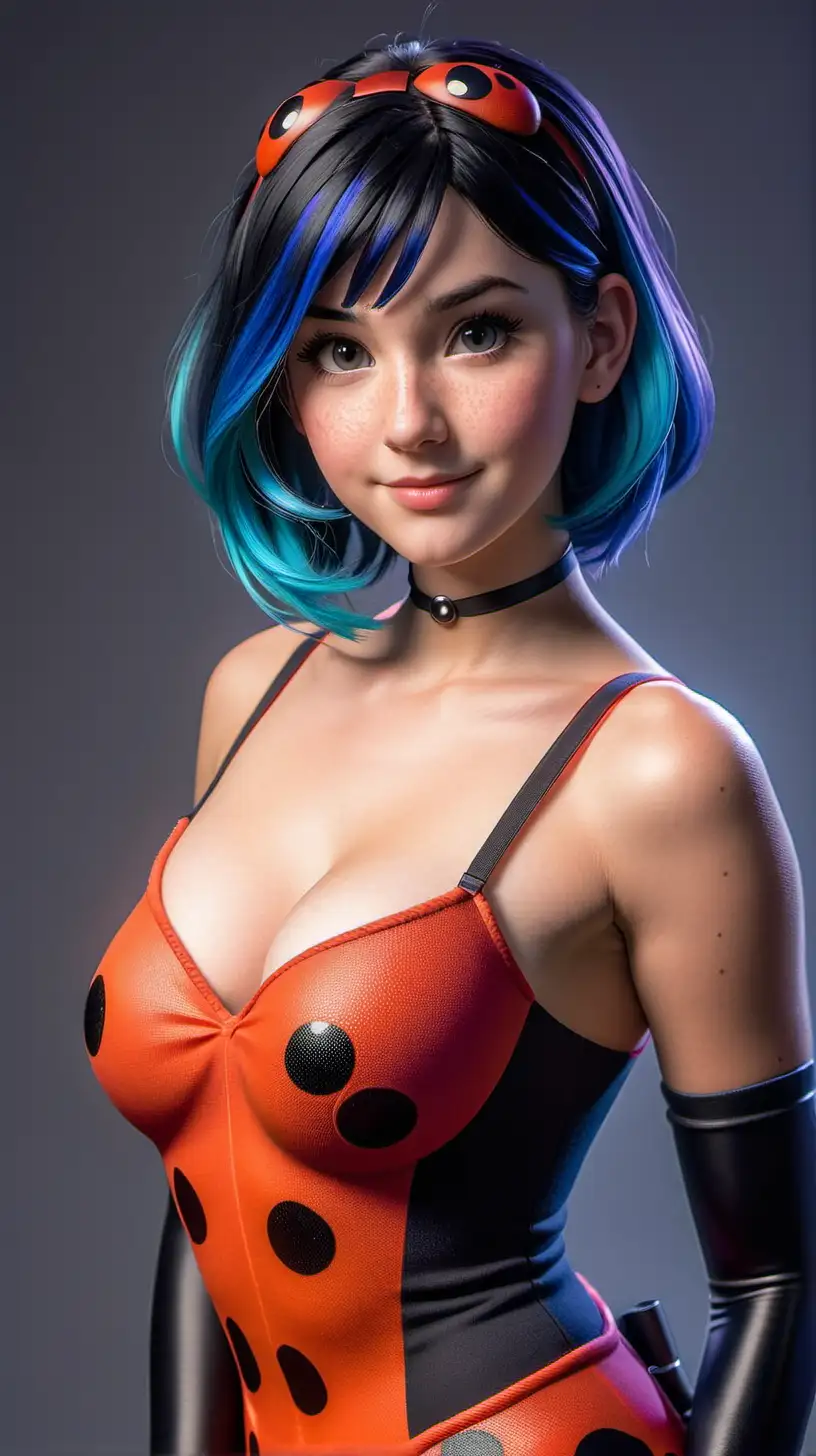 A DSLR photo of a live action or photorealistic version of Marinette as ladybug from "miraculous tales of ladybug and cat noir",royal blue hair, big boobs