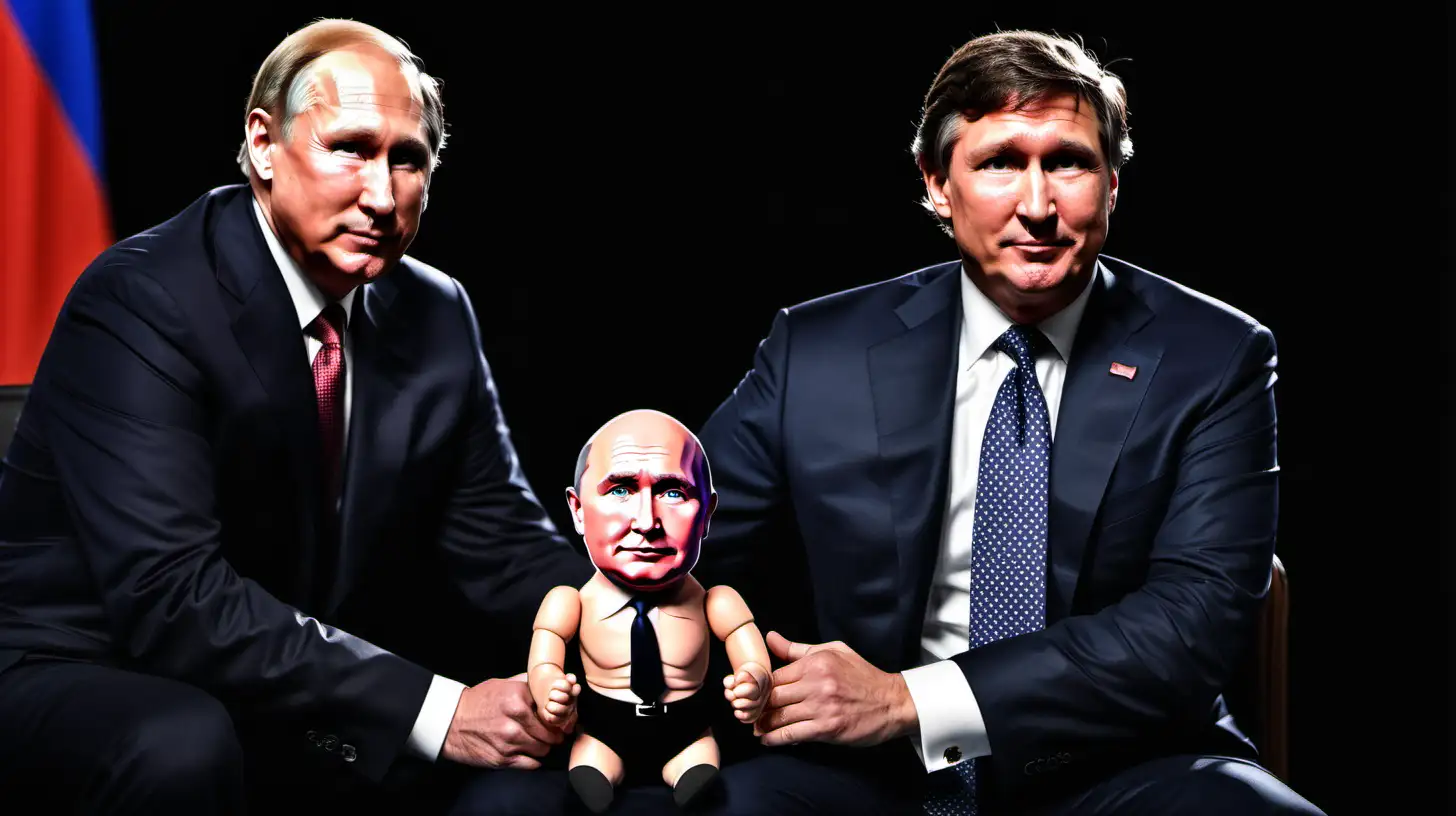 Tucker Carlson is seated with his back at Vladimir Putin who is partially visible from the torso up, emerging from shadows. Putin puppeteering Carlson with strings.