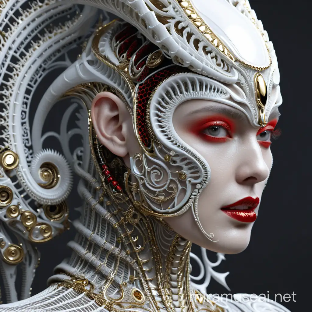 Elegant White Metal Armor Xenomorph with Alexander McQueenInspired Steampunk Haute Couture