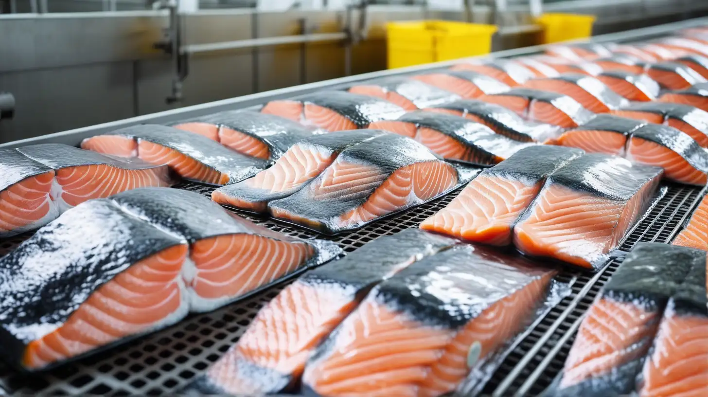 line product of salmon in factory. close up. 