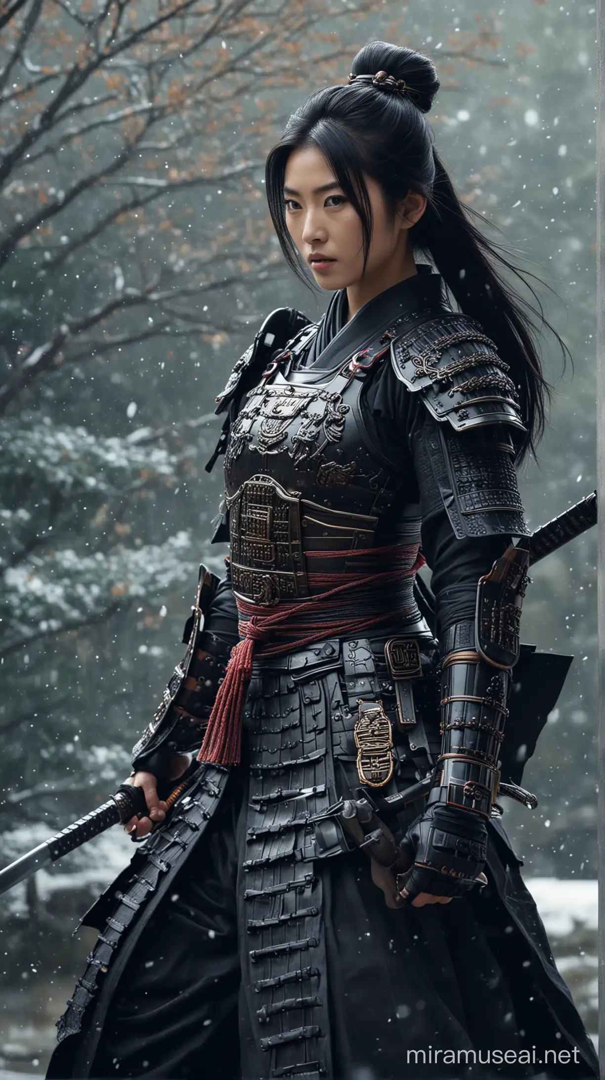 Character: A stunning female samurai warrior in bright Black armor that shows elegance and strength.
Environment: A peaceful Japanese temple.
Background: A Side view of a simple but beautiful Japanese temple.
Style: A rich fashion shoot blending the classic samurai look with a modern twist.
Photography Type: A cinematic  shoot that brings out the character of the black-armored samurai.
Theme: A shoot that combines old and new, centered on the black-armored samurai.
Visual Filters: Enhanced with a Fashion Film Look-Up Table (LUT) for a richer look.
Camera Effects: Soft blur, haze, and natural light to bring out the blue of the armor.
Time: Set in a quiet Morning with light snowfall for a peaceful atmosphere.
Resolution: High resolution to capture every detail.
Key Element: The main focus is the bright light black armor, detailed to catch the light and stand out against the temple.
Details: The armor is detailed with traditional Japanese designs and scenes from samurai stories. It shines in the Sun light, showing off the skill of the people who made it. The shape of the armor is highlighted, creating a beautiful image that brings out the spirit of the samurai.