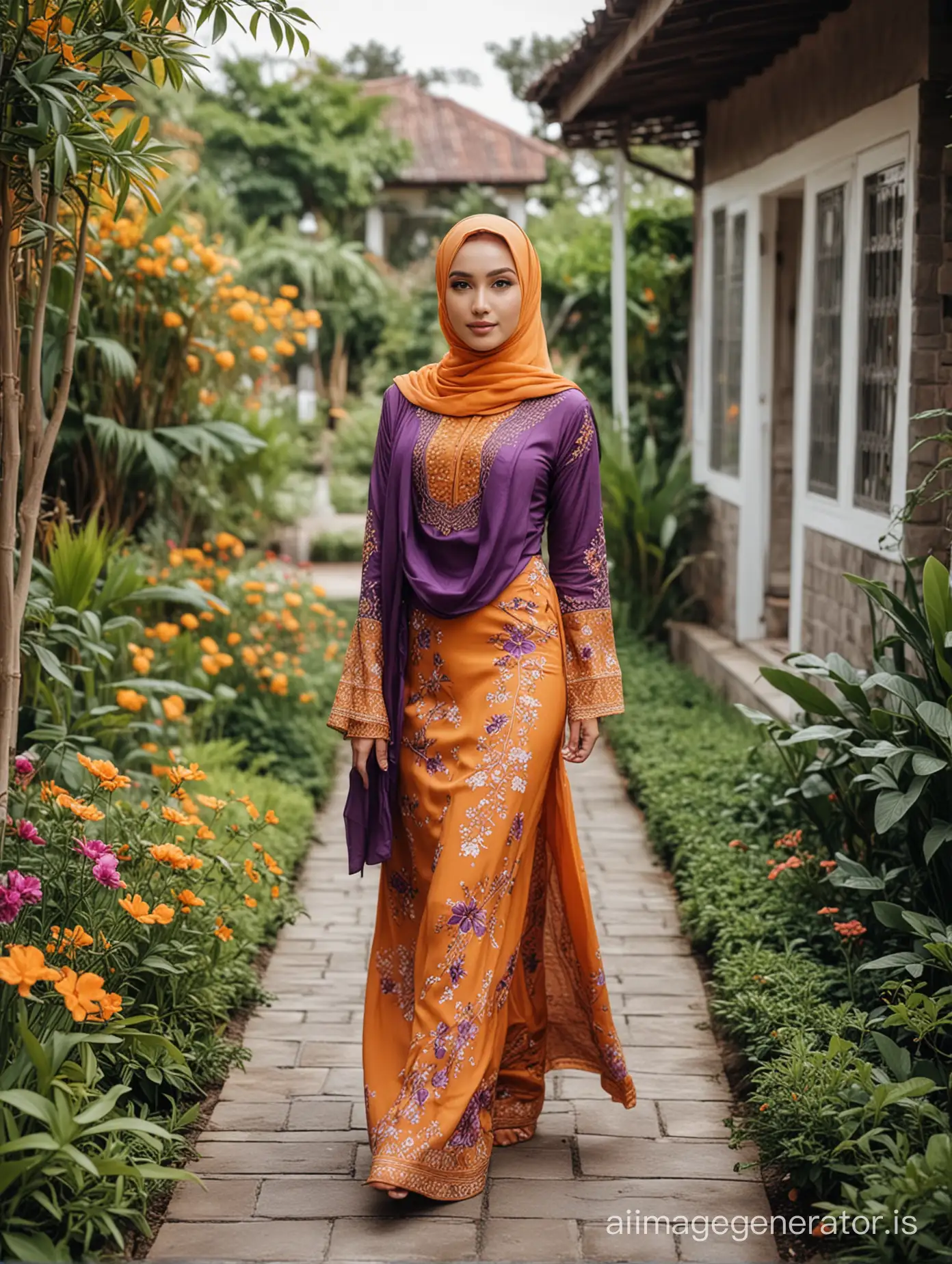 A beautiful girl with a hijab, smooth white skin, orange and purple kebaya walking on the garden of a beautiful house