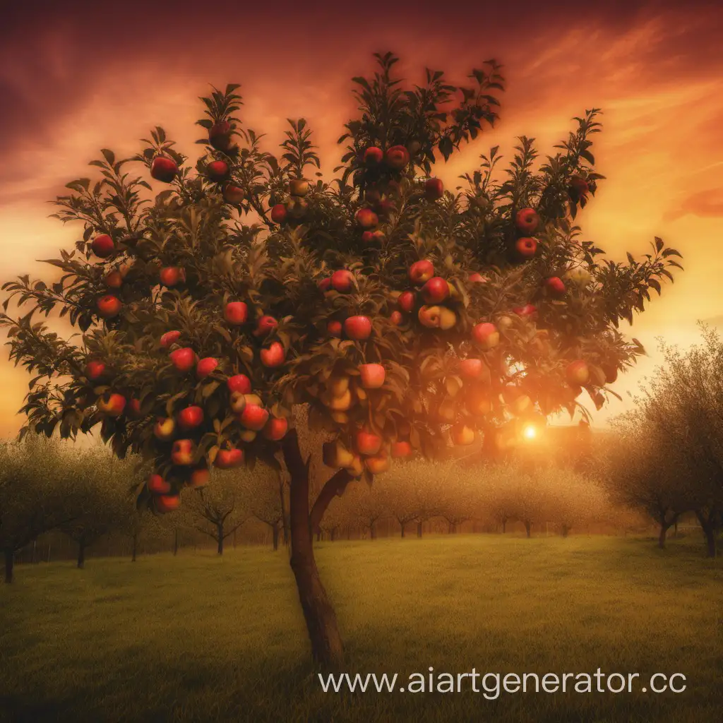 un albero di mele sullo sfondo di un tramonto