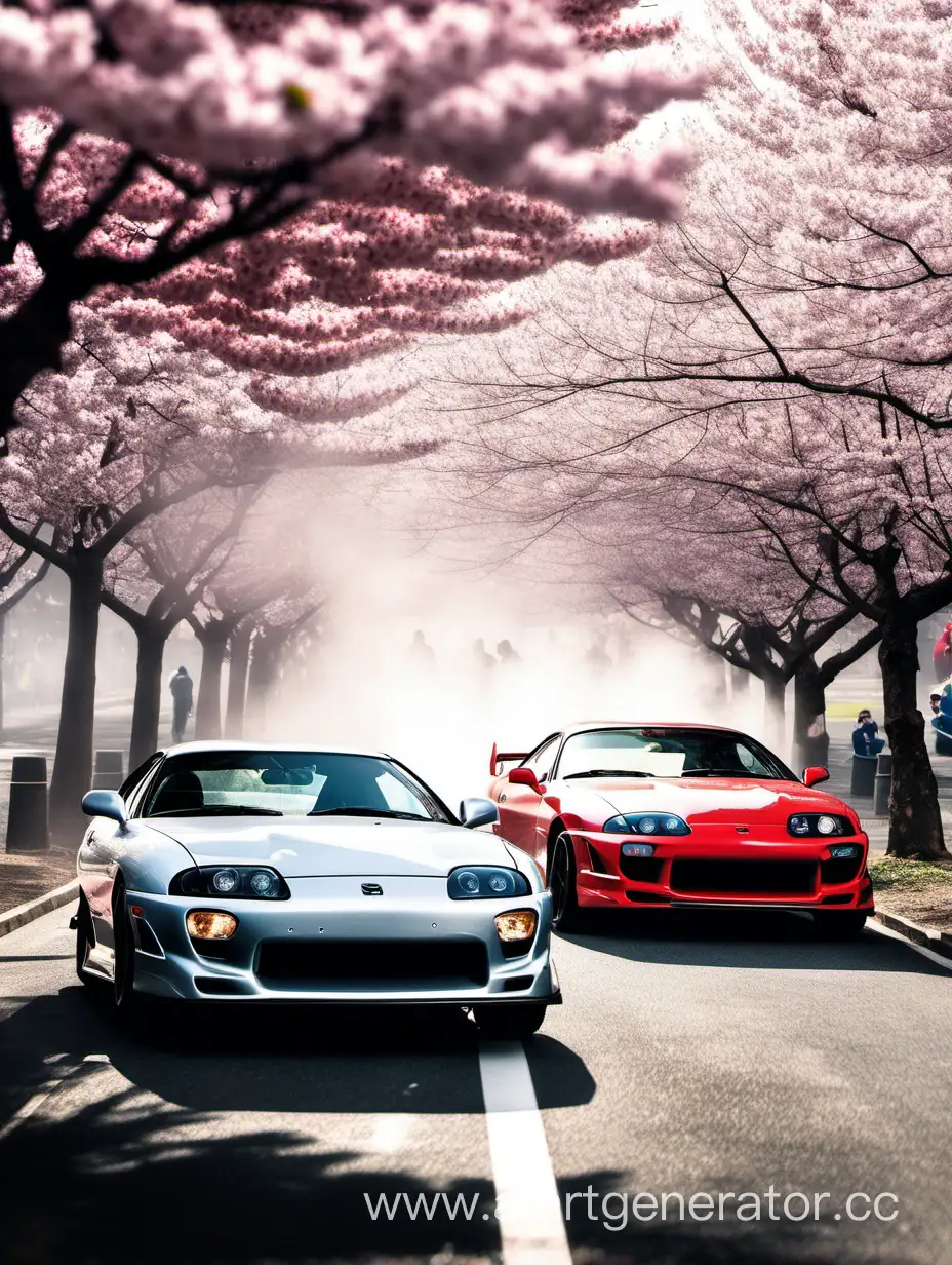Twin-Supra-Cars-Drifting-Amidst-Cherry-Blossoms-with-Smoky-Wheels