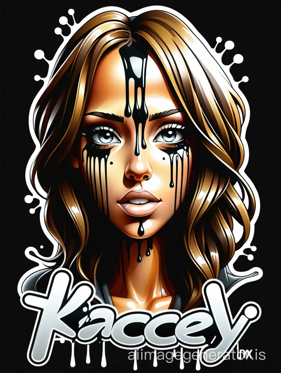 Write "Kacey" in street art style and air brush art on a black background with paint dripping sticker