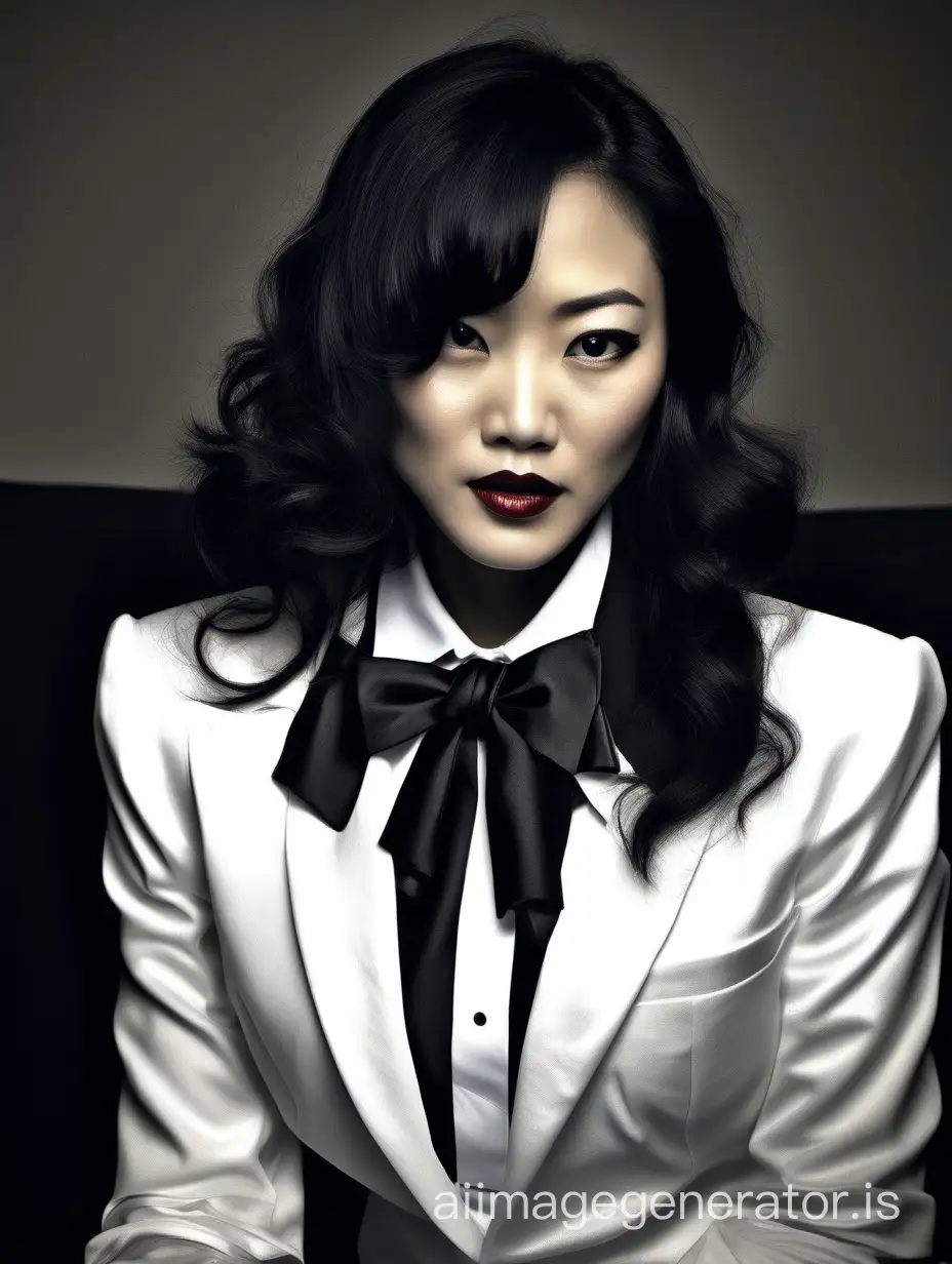 A beautiful  and stern asian woman with shoulder length black hair, and lipstick, mid-twenties of age, is sitting on a couch in a dark room.  She is wearing a tuxedo with an open black jacket and black pants.  Her shirt is white with double french cuffs and a wing collar.  Her bowtie is black.   Her cufflinks are large and black.  She is wearing shiny black high heels. 