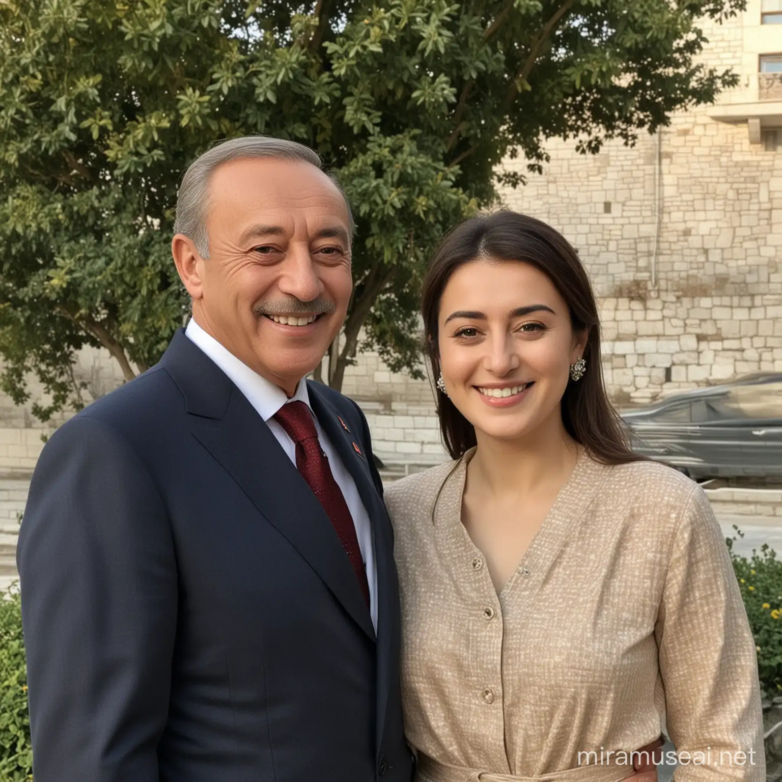 Yılmaz Erdoğan and Cansu Taşkın stand by each other, he and she smiles, he and she look at the camera