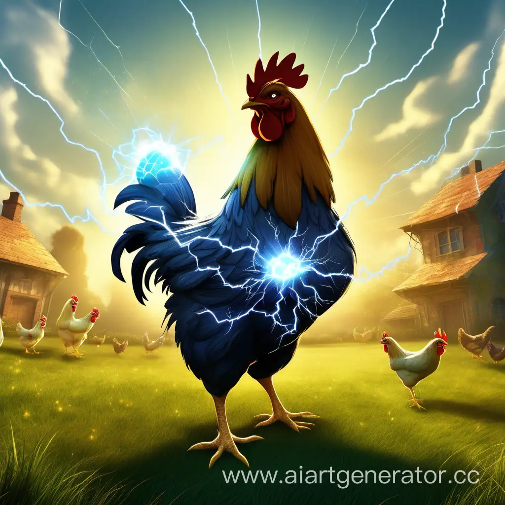 Курица в виде элементаля электричества на фоне лугов и других куриц, в стиле дисней 