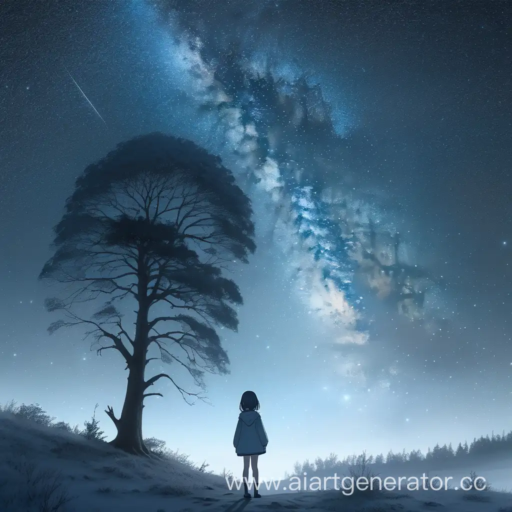 Enchanting-Anime-Girl-Contemplating-the-Starry-Night-Sky-in-Winter-Mist