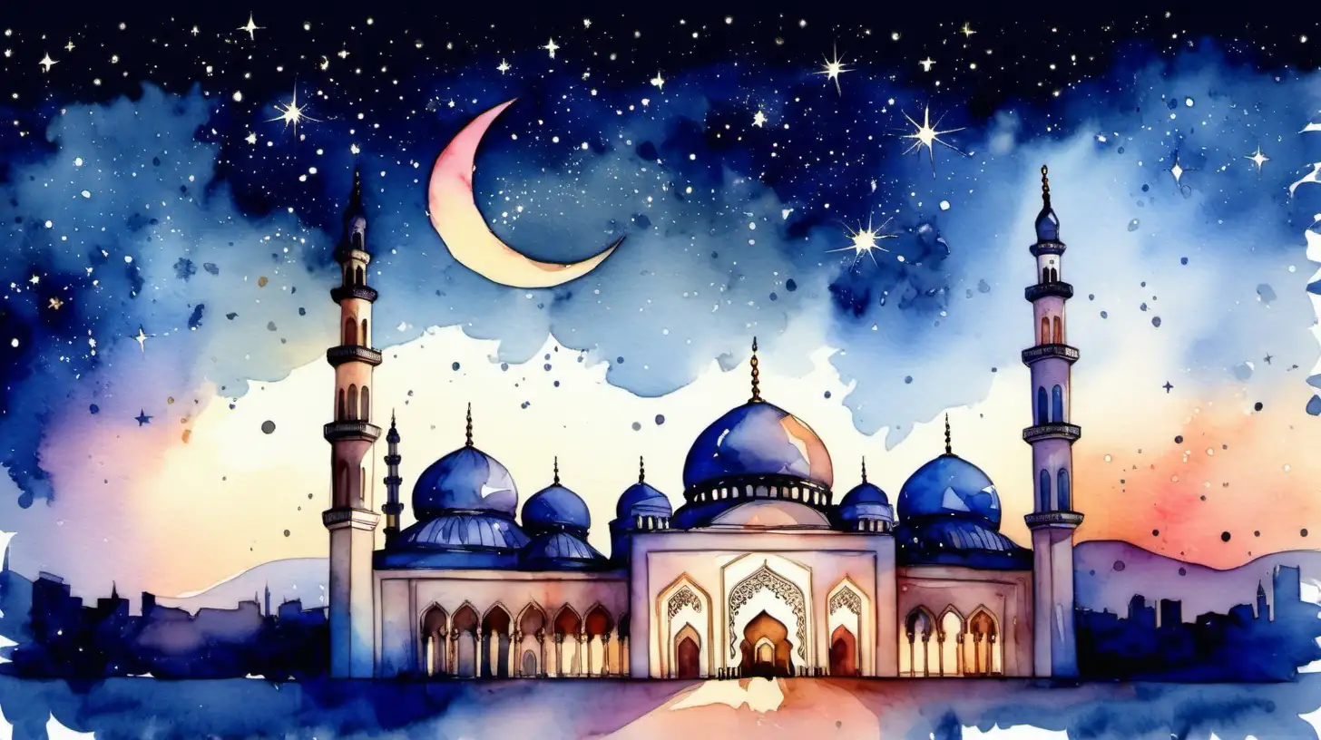 Twilight Mosque Watercolor Painting with Stars for Ramadan