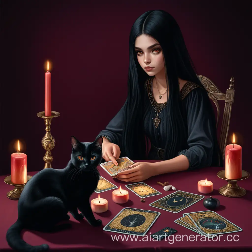 Девушка с длинными черными волосами. У девушки карие глаза. Девушка держит в руках карты таро, на столе стоят свечи. Рядом с девушкой сидит черная кошка.
Вокруг девушки карты таро. Бордовый фон