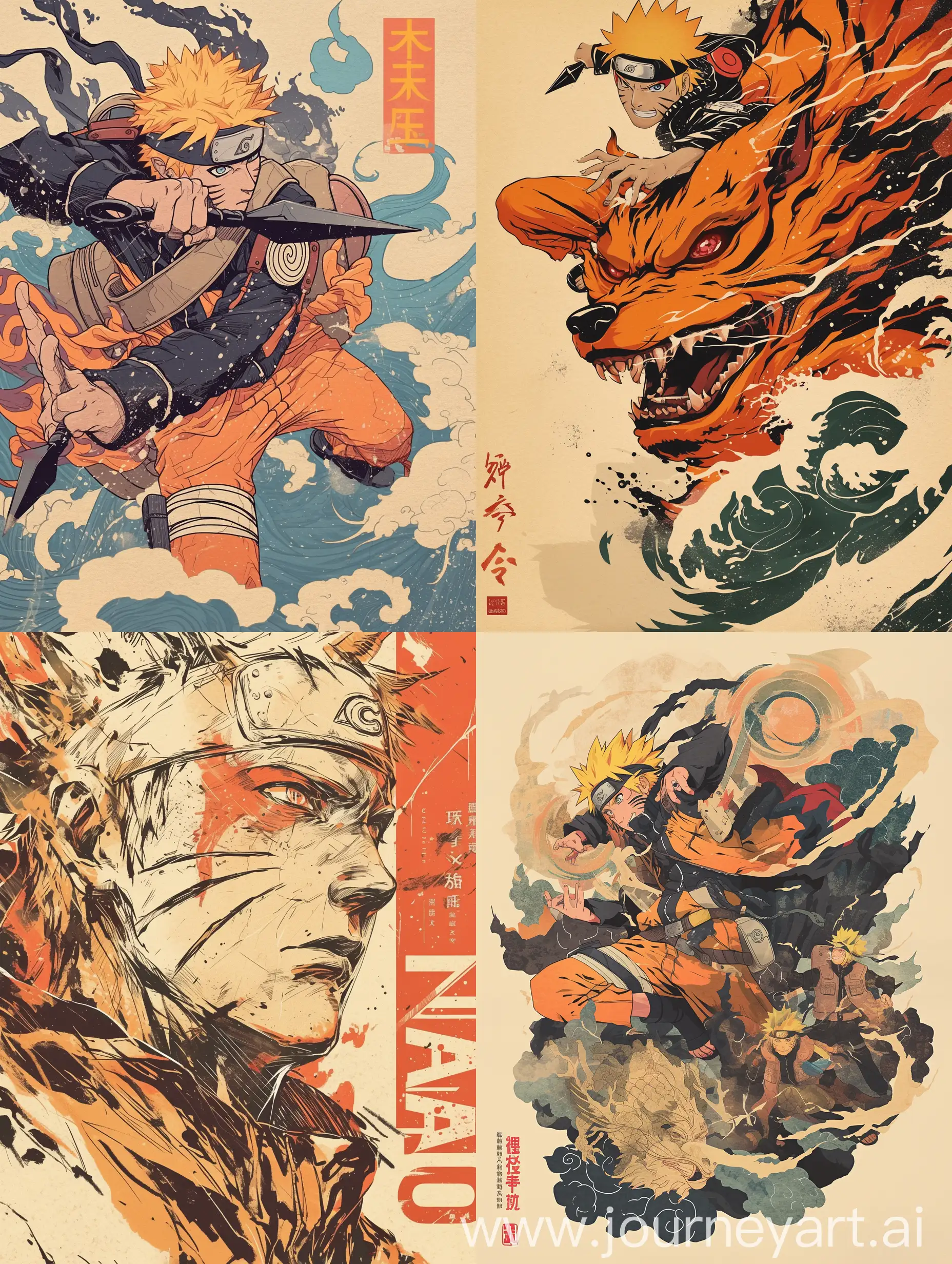 {Naruto}, {Naruto}, in the style of a Sumi-e Ink poster design, meticulously detailed, heroic masculinity --niji 6