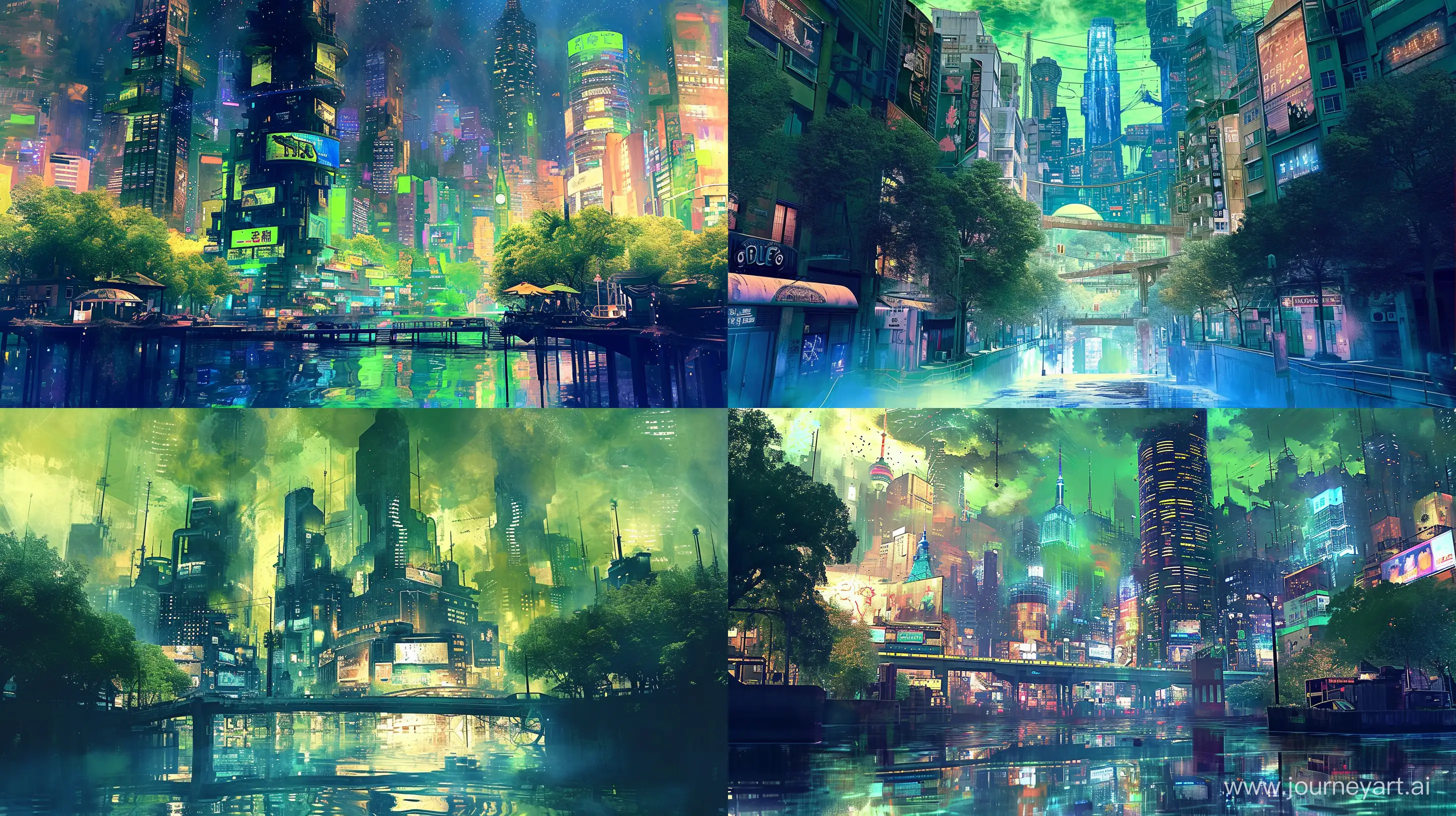 Mesmerizing-Blacklight-Paint-in-a-Vibrant-Green-Cityscape