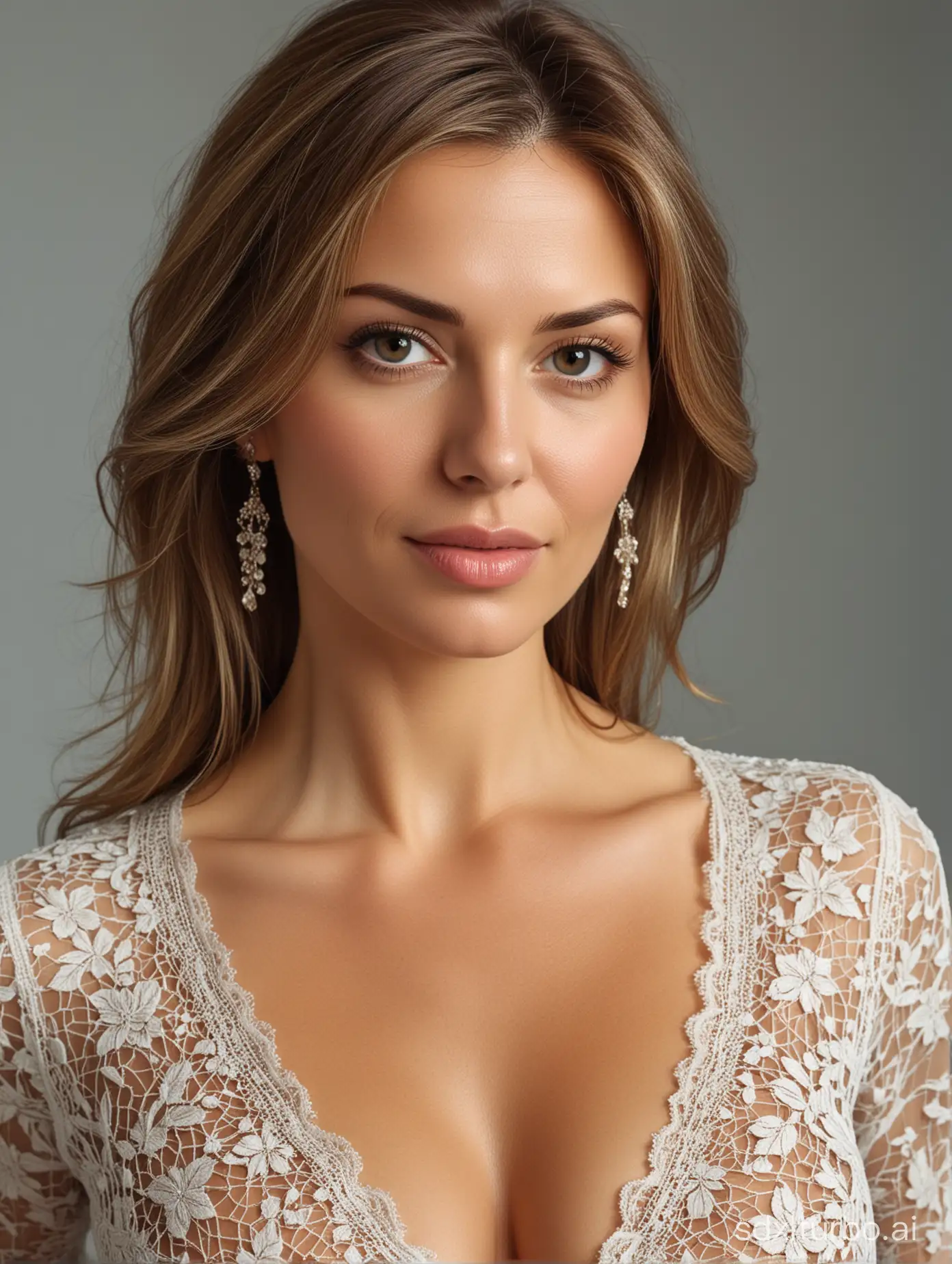 Beautiful European woman, 40 years old, beautiful and detailed face, beautiful and full breasts, well-cut blouse, masterpiece, intricate details, best quality, best focus, best angle, best sharpness, well-made-up face, half body, magnificent image that will take your eye off breath