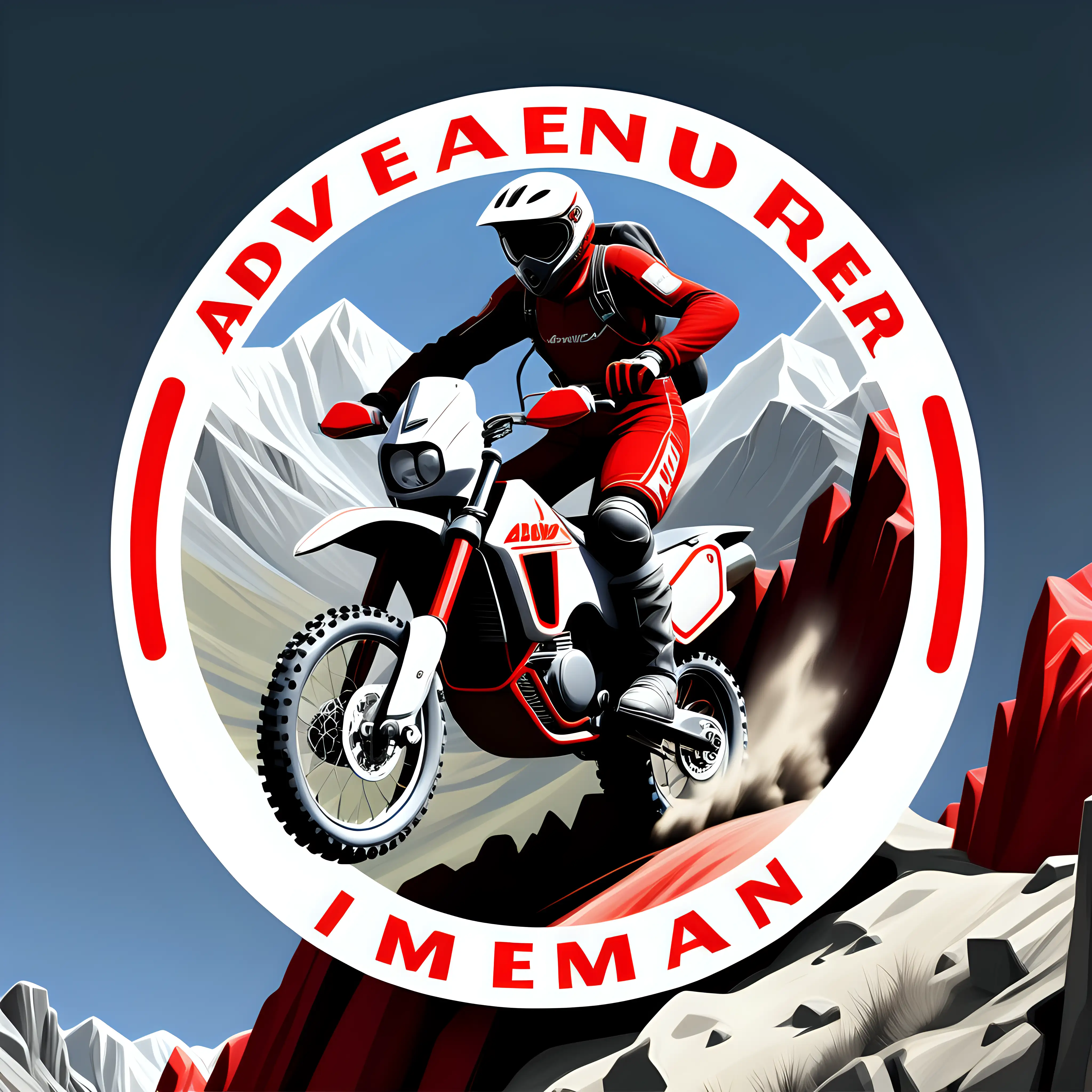 A round logo with the word ADVENDURO in it, that shows a rally motorbike and a rider climbing a mountain. The motorbike should be red and white. I want he clothes of the rider to be mostly black or blue.