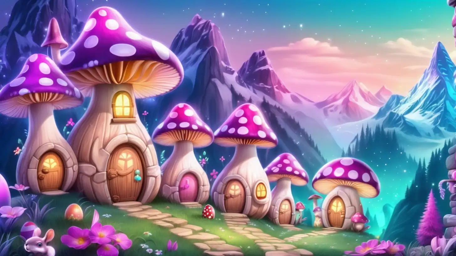 Cute Squirrels. Glowing Magical-Fairytale-mushroom houses with magical mountain cliffs with path and easter eggs and bright-Purple-pink-Blue-Green