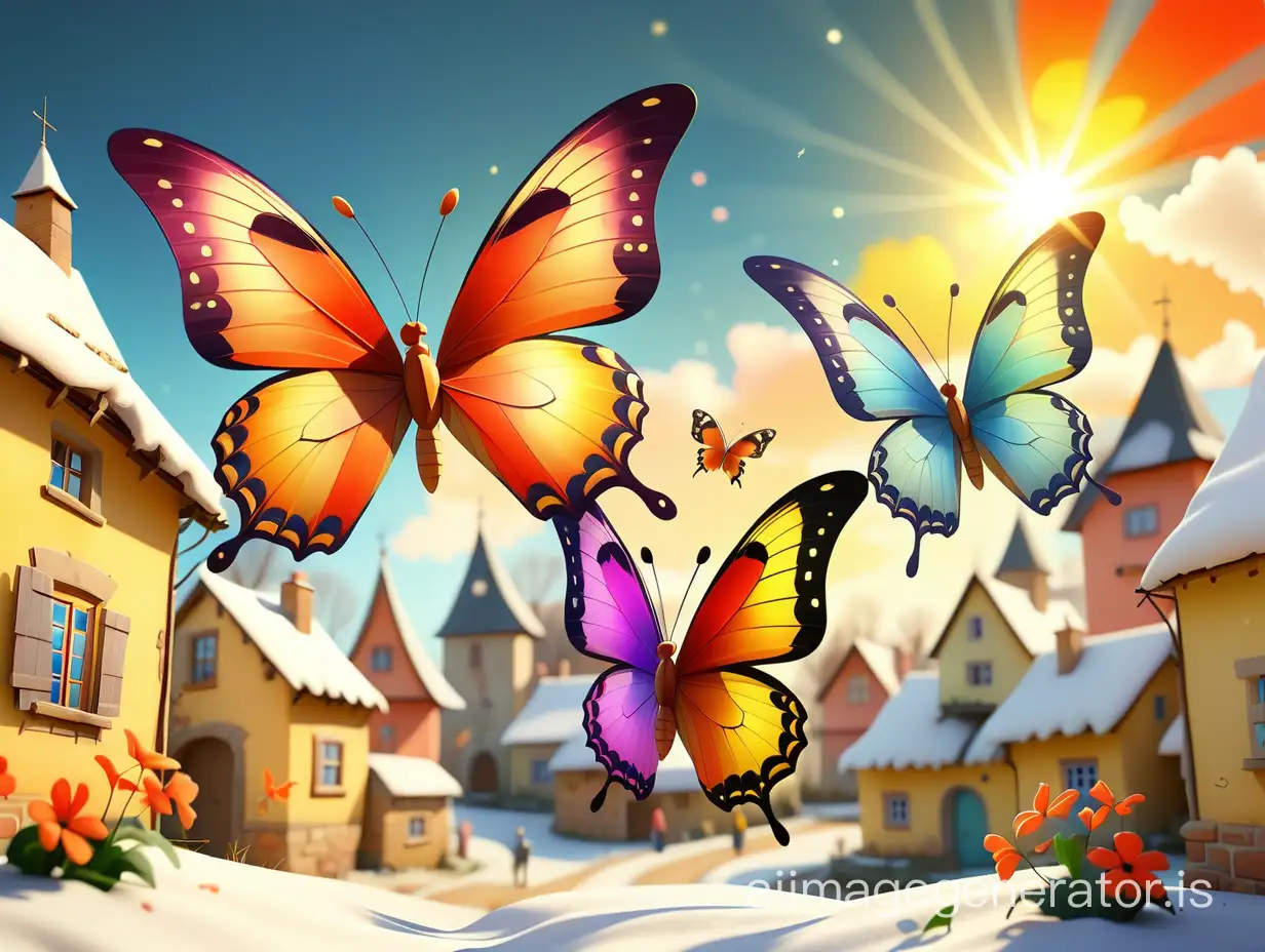 Fairy tale style. Two very beautiful colorful butterflies. They fly together. There are only two butterflies in the picture. In the background is a nice village. The proportions of the two butterflies in the picture are very small. The season is in the winter season. The soft sun shines on the village in winter. Hyper-real. aspect ratio 16:9