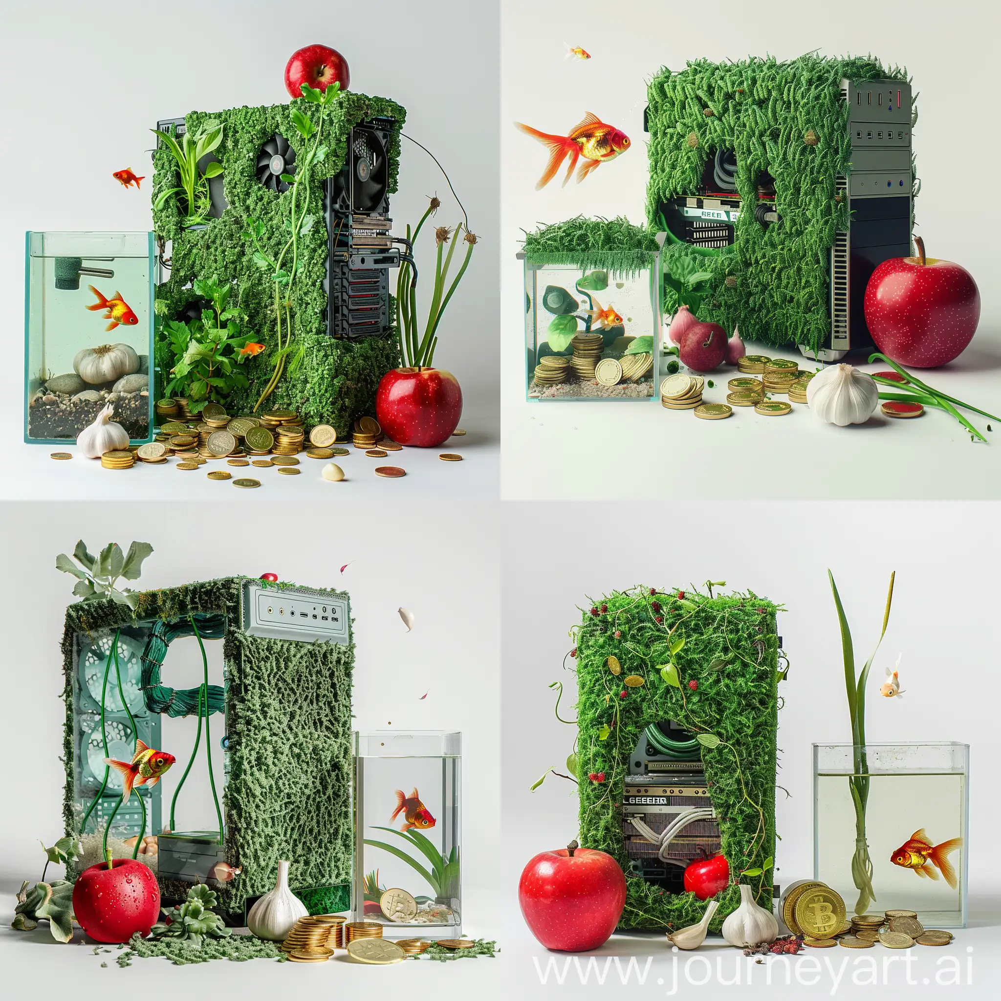 Make a picture of a computer case that is grown like grass and green, and next to it there is a red apple, garlic, gold coins, and a fish tank with a small goldfish swimming in the tank. The background of the photo should be white.