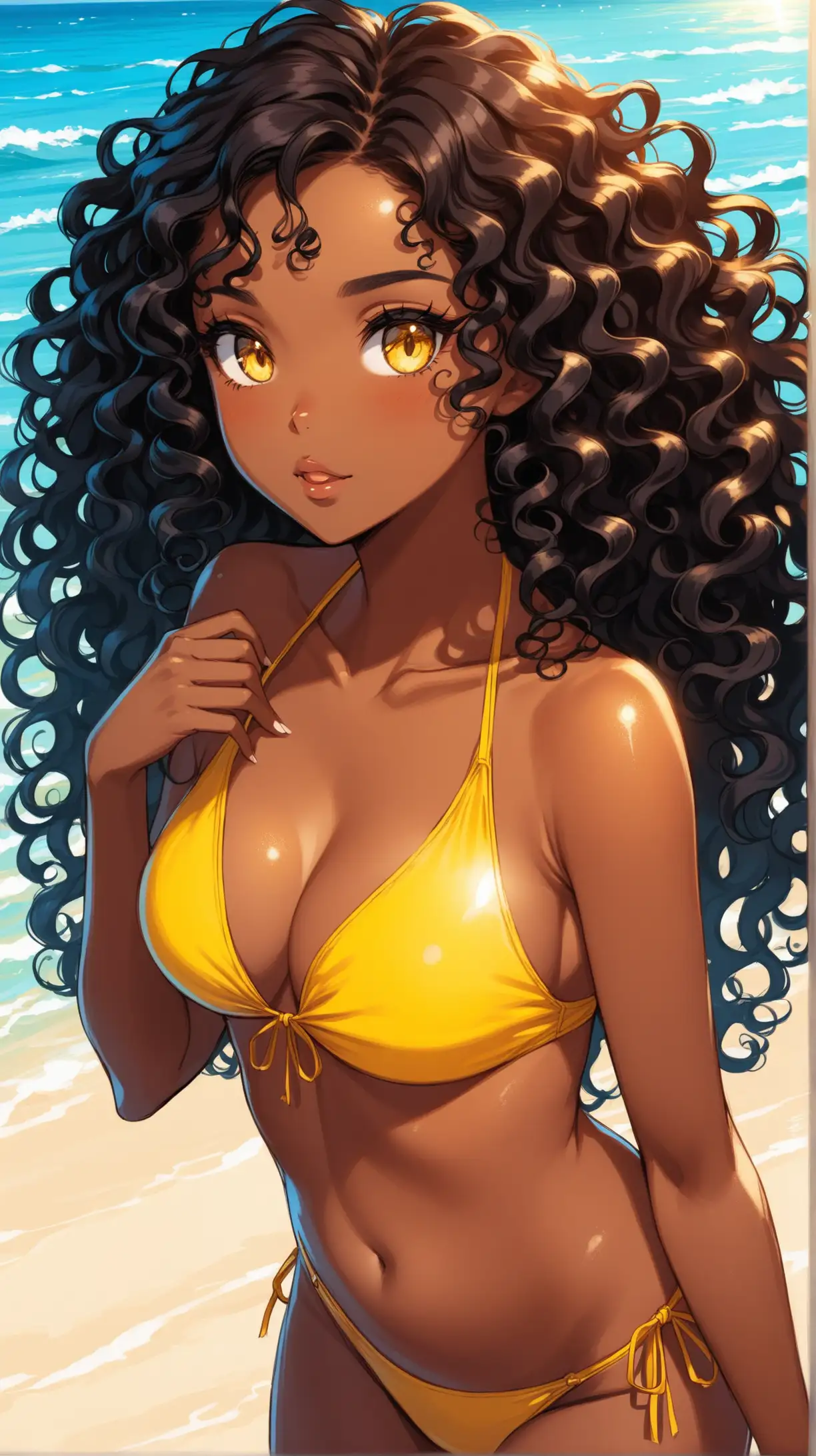 Curly Haired Ebony Girl in Yellow Swimsuit