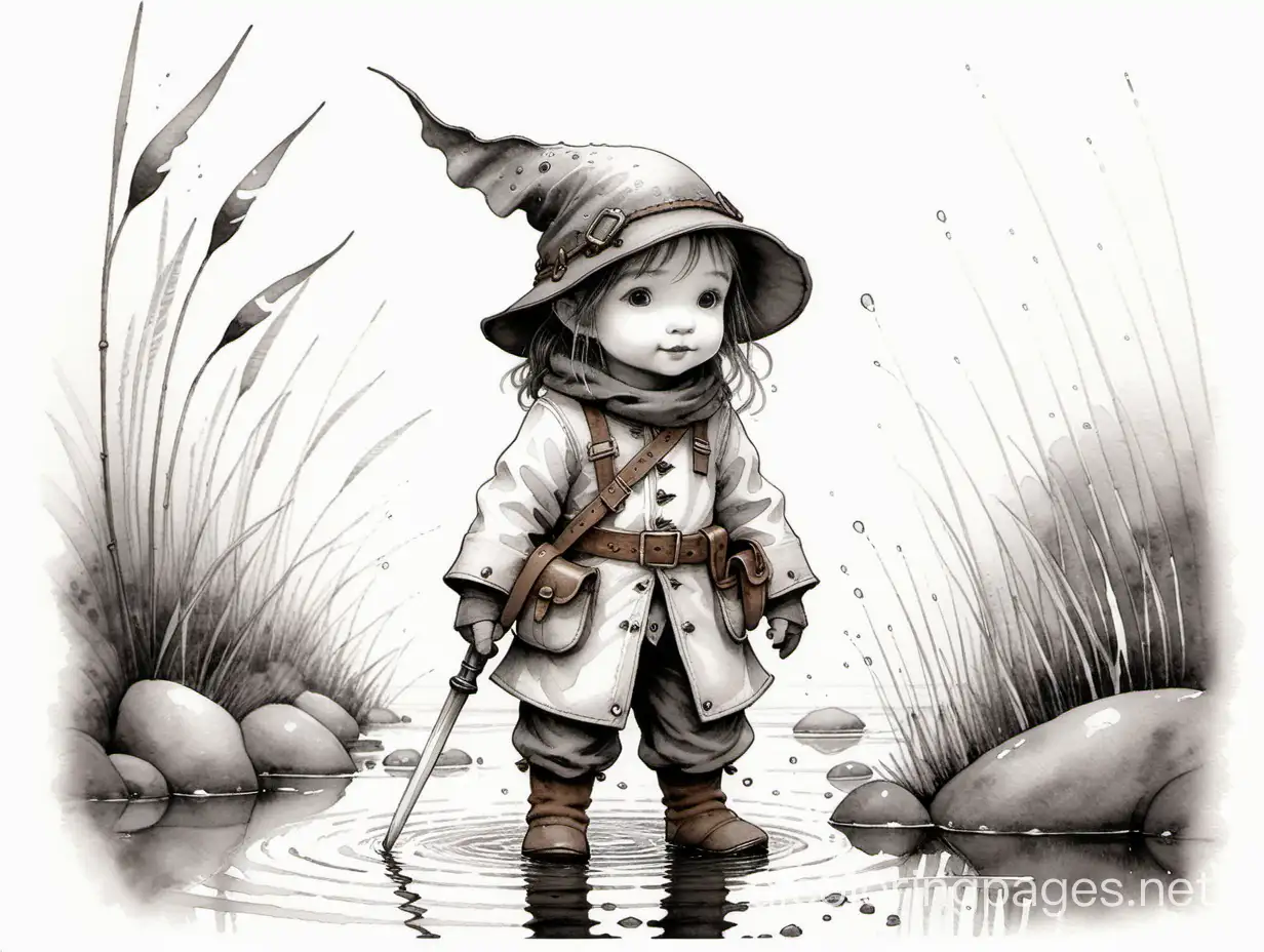 Jean Baptiste Monge, wet watercolor,  in pen & ink, intricate, Coloring Page, black and white, line art, white background, Simplicity, Ample White Space. The background of the coloring page is plain white to make it easy for young children to color within the lines. The outlines of all the subjects are easy to distinguish, making it simple for kids to color without too much difficulty