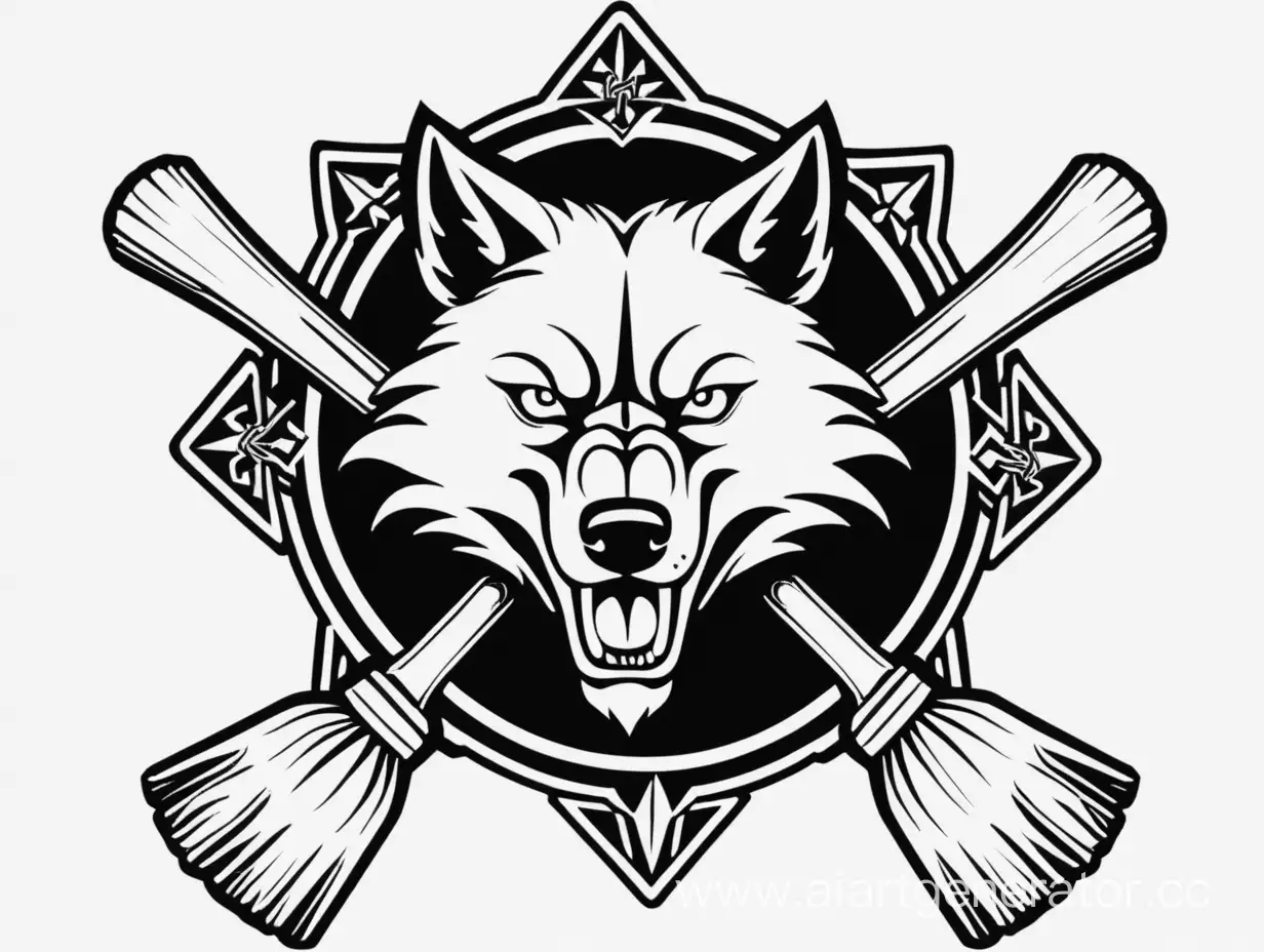 Эмблема отрубленной головы волка в стиле сс. На заднем фоне две метлы образуют крест. Чёрно-белое. Белый цвет #FFFFFF, Чёрный цвет #000000 