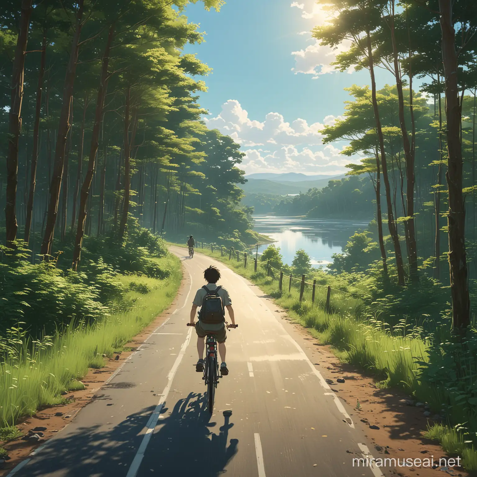A young guy ride abycycle trough a little forest, overlooking the road ahead, with a beautiful lake beside the road, with dramatic lighting on a bright sunny days, in the anime style of Makoto SHinkai, Atey Ghalian, Studio Ghibli, And Hayao Mizaki, High resolution, High Contrast, High quality, High Detail and intricate, an epic shot, a masterpiece