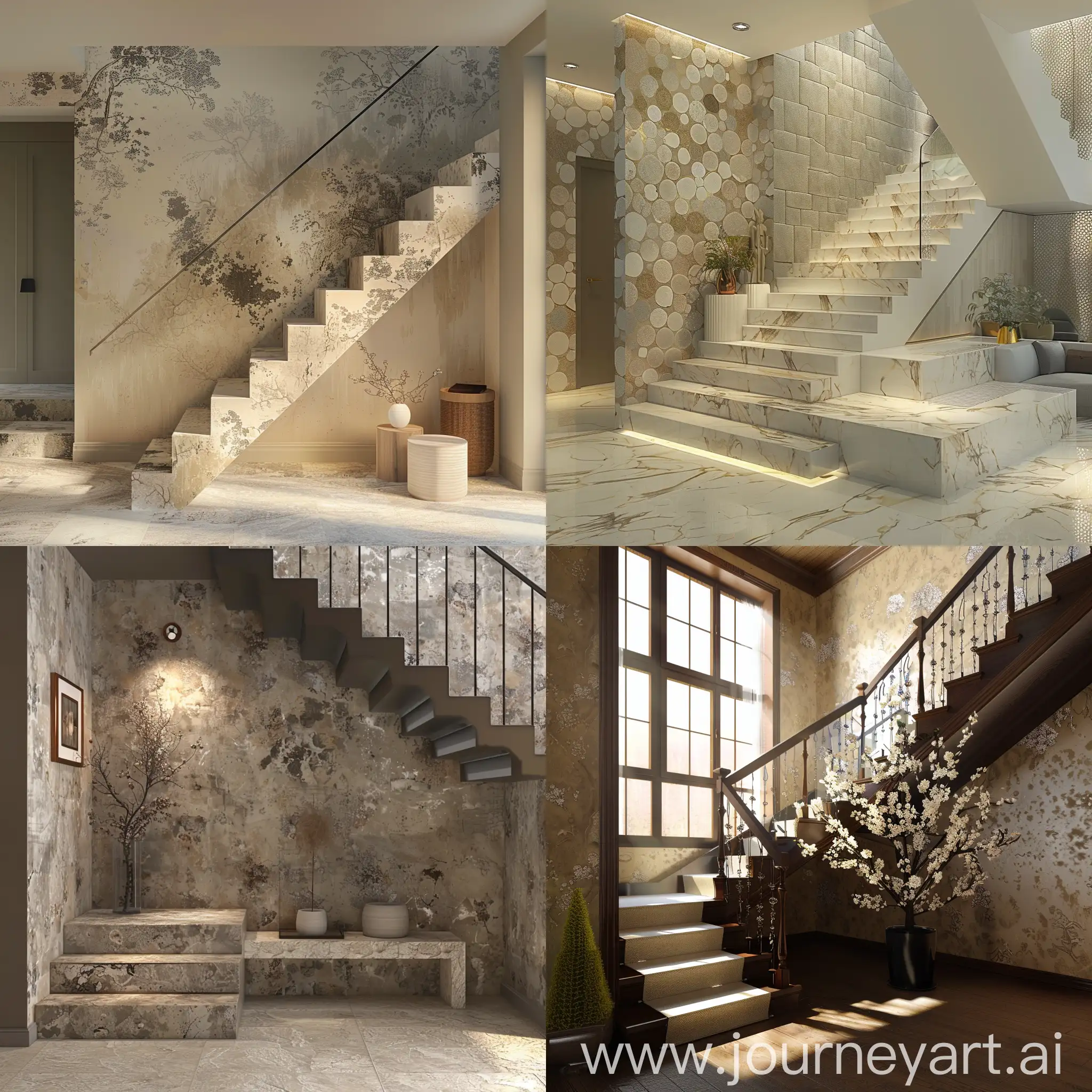 design a staircse midlanding for interior of a house with wallpaers and texturefor a home interior with wallpaper and textures.