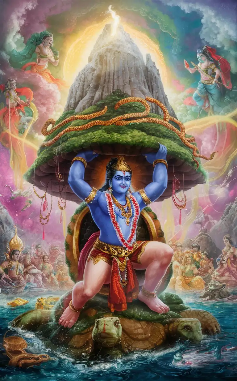 Visualize the scene of Lord Vishnu's Kurma avatar (tortoise incarnation), supporting the Mount Mandara during the churning of the ocean, as described in the Kurma Purana.