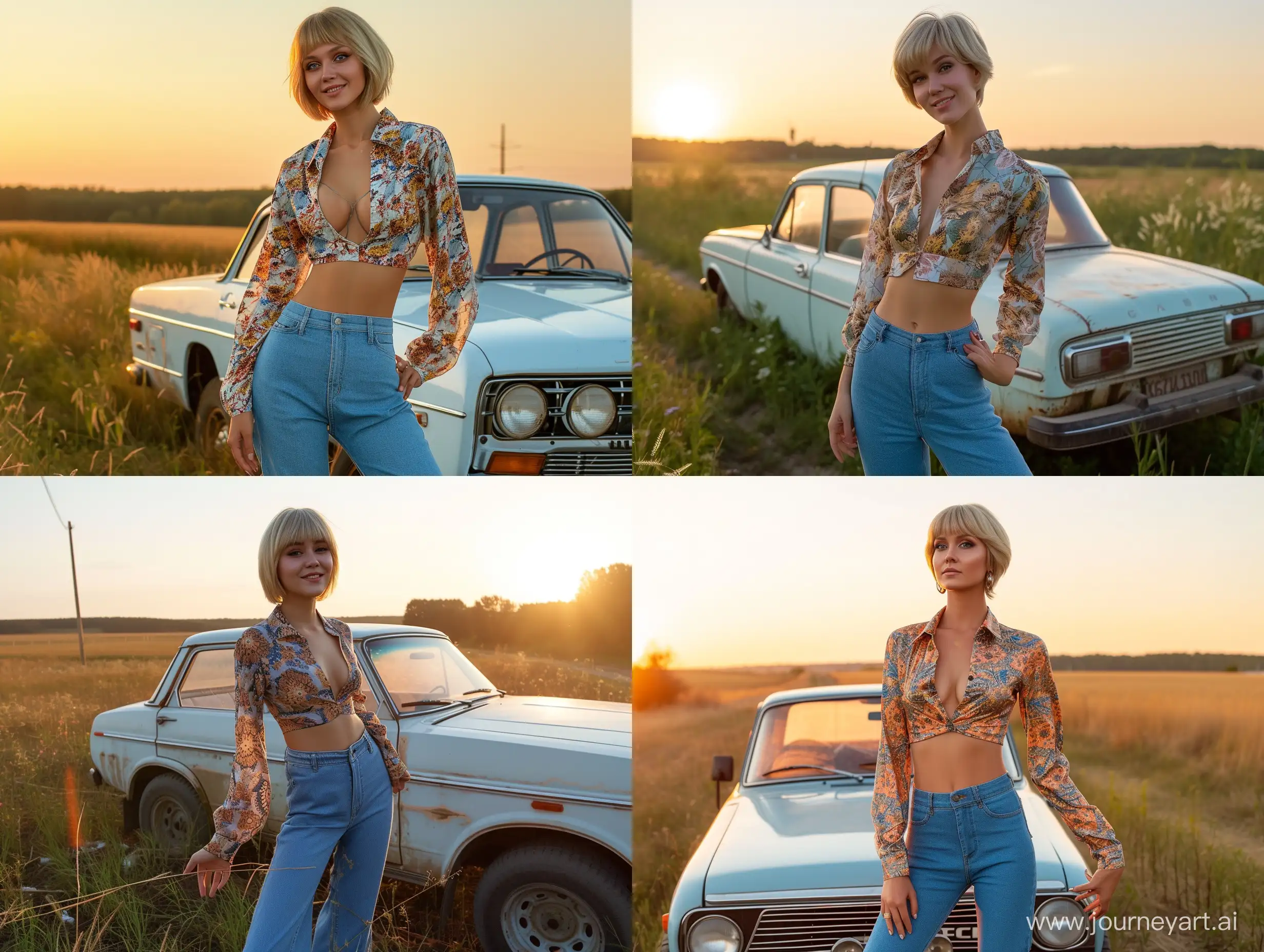Retro-Slavic-Woman-Posing-by-Vintage-Soviet-Car-in-Countryside-Sunset