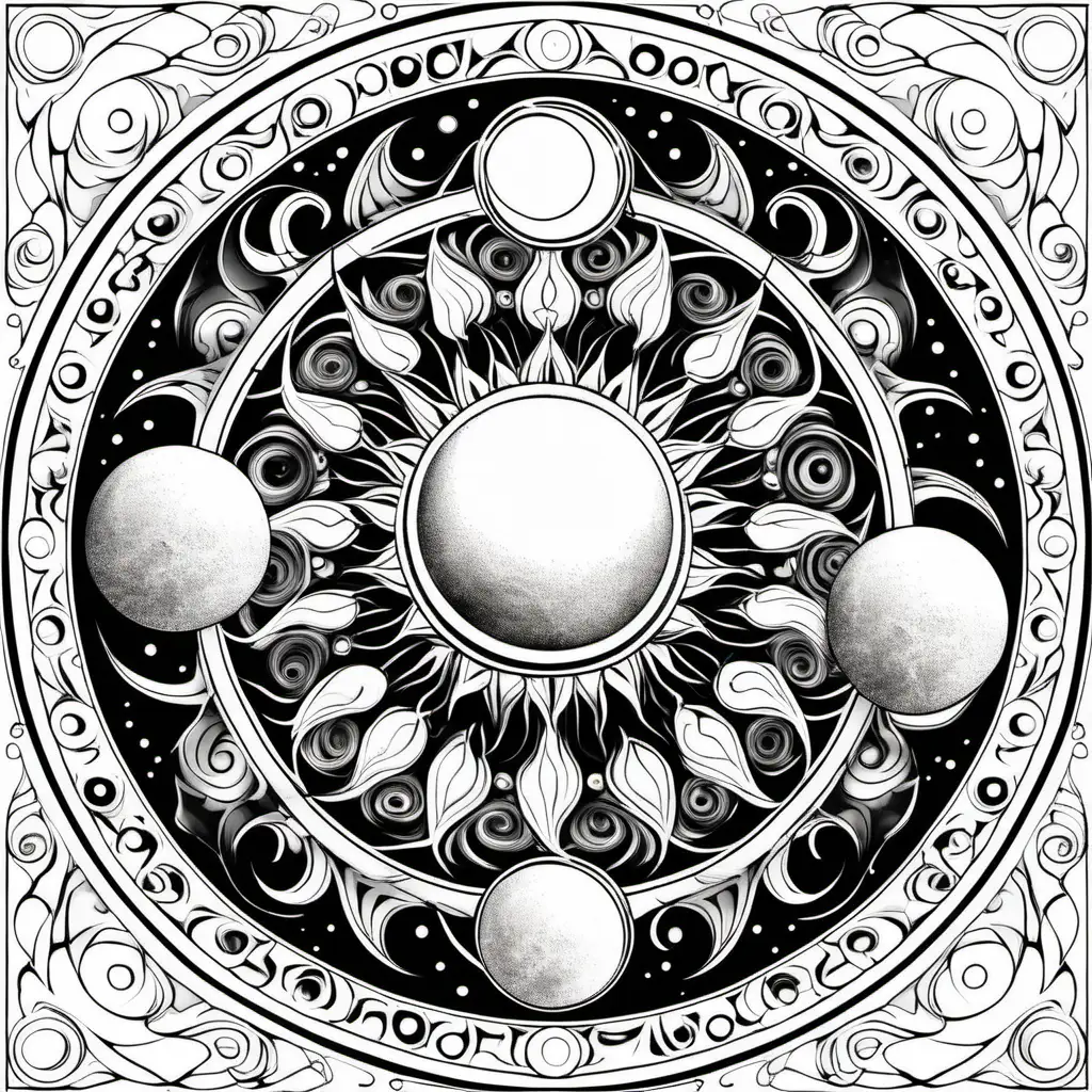 Lunar Mandala: A mandala inspired by the phases of the moon, with crescents and full moon patterns. for coloring book with crisp lines and white background