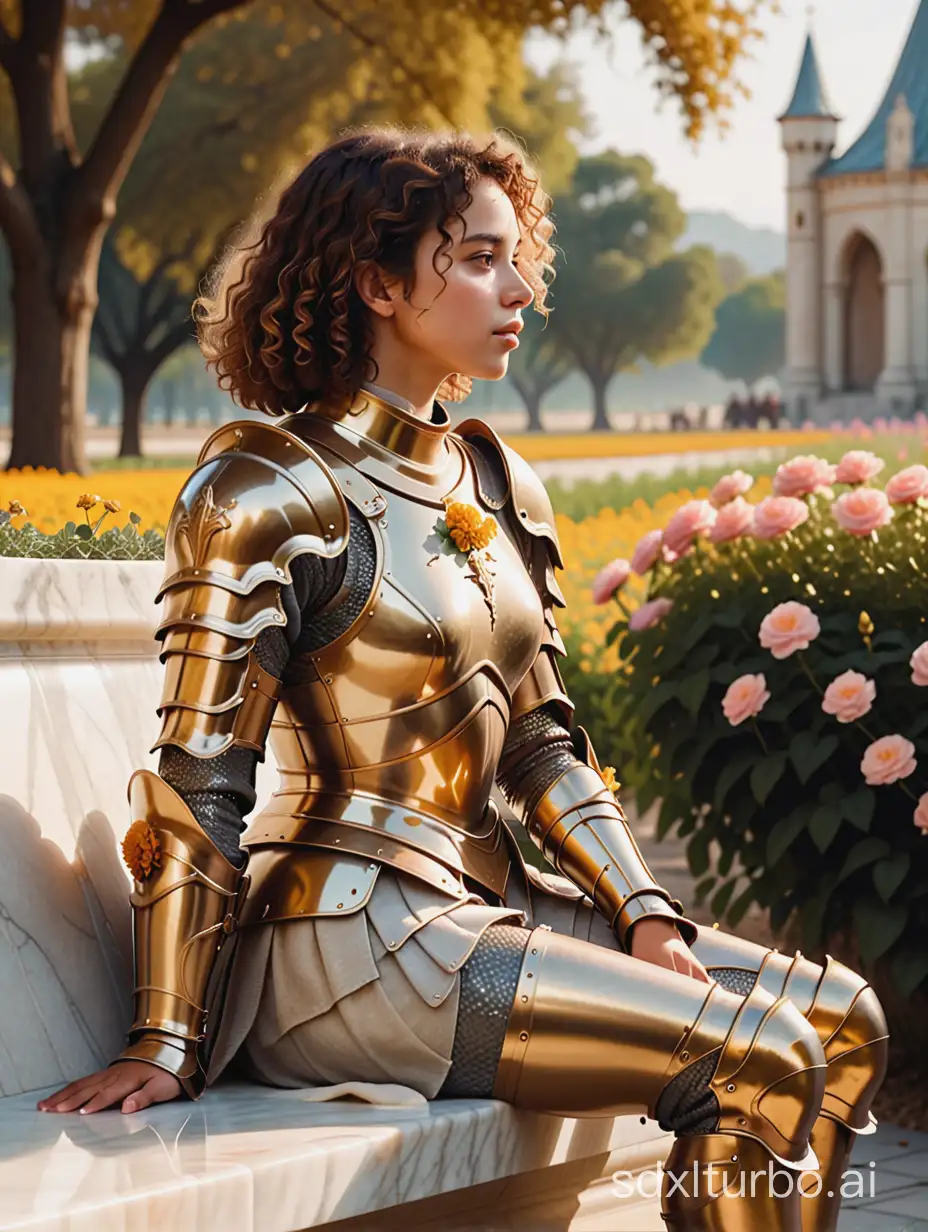 Side profile, side view, full body portrait of a female knight talking, mouth talking, sitting outside on a marble bench, she has brown skin and short curly hair, gold armor, flower field background, warm soft colors, ethereal vibes