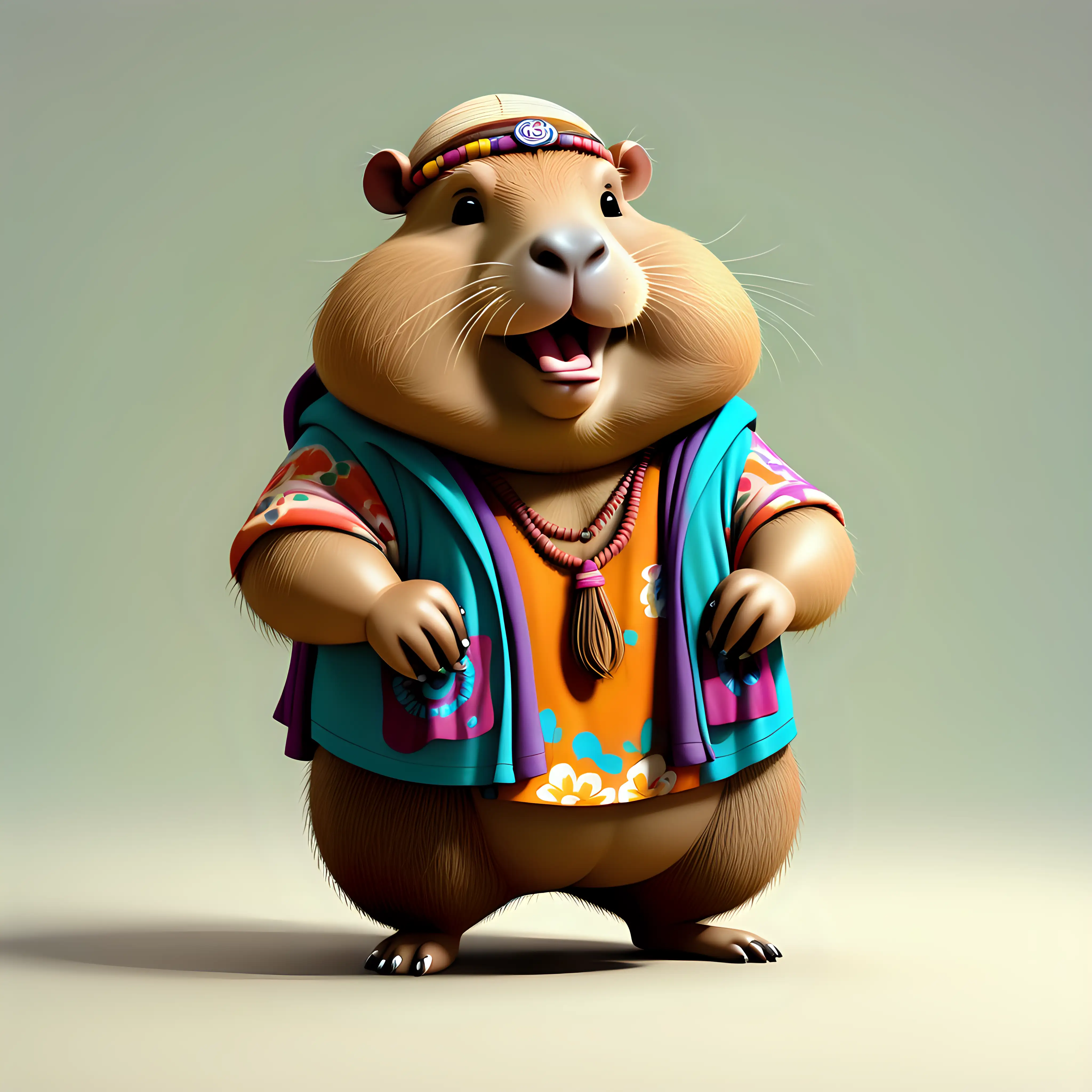 cute fat Capybara in cartoon style with hippie clothes in full body with clear background