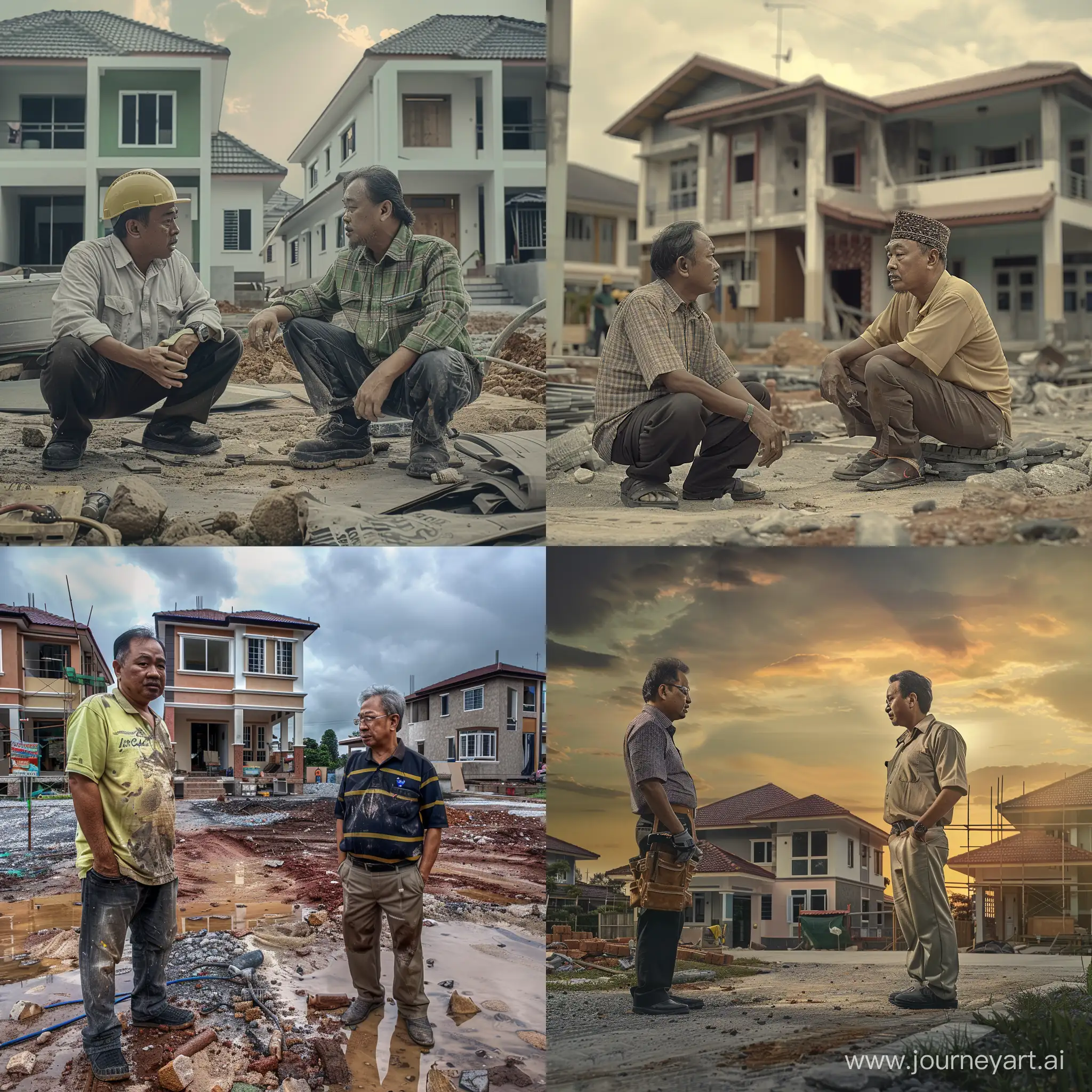 ultra realistic, a malay man contractor is persuading a customer who regrets the state of his house not yet being built, in front of the house that is being built, canon eos-id x mark iii dslr --v 6.0
