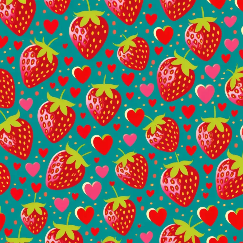 Illustrate seamless pattern ,  vivid colors, children books style, strawberries, and hearts, retro 