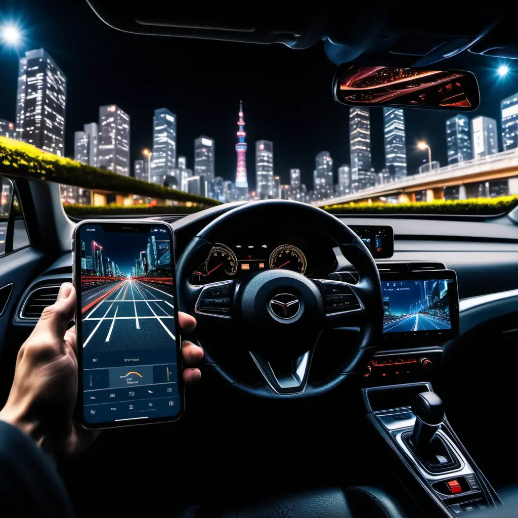 Create a picture of the car interior, dashboard. The car is driving on the left side road with beautiful urban night Tokyo landscape. and the driver's  hand is holding a phone the way you can see stereo head unit. 