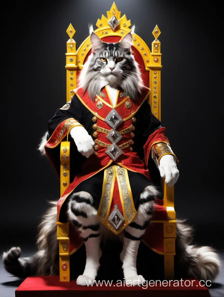Кот мейн Кун в фэнтези мире является императором. Он сидит на троне в одежде которая подобает императору. Одежда имеет красные и жёлтый цвет на ней располагаются бриллианты. Кот черного цвета. Кот размером с человека и по строению тела больше напоминает человека 