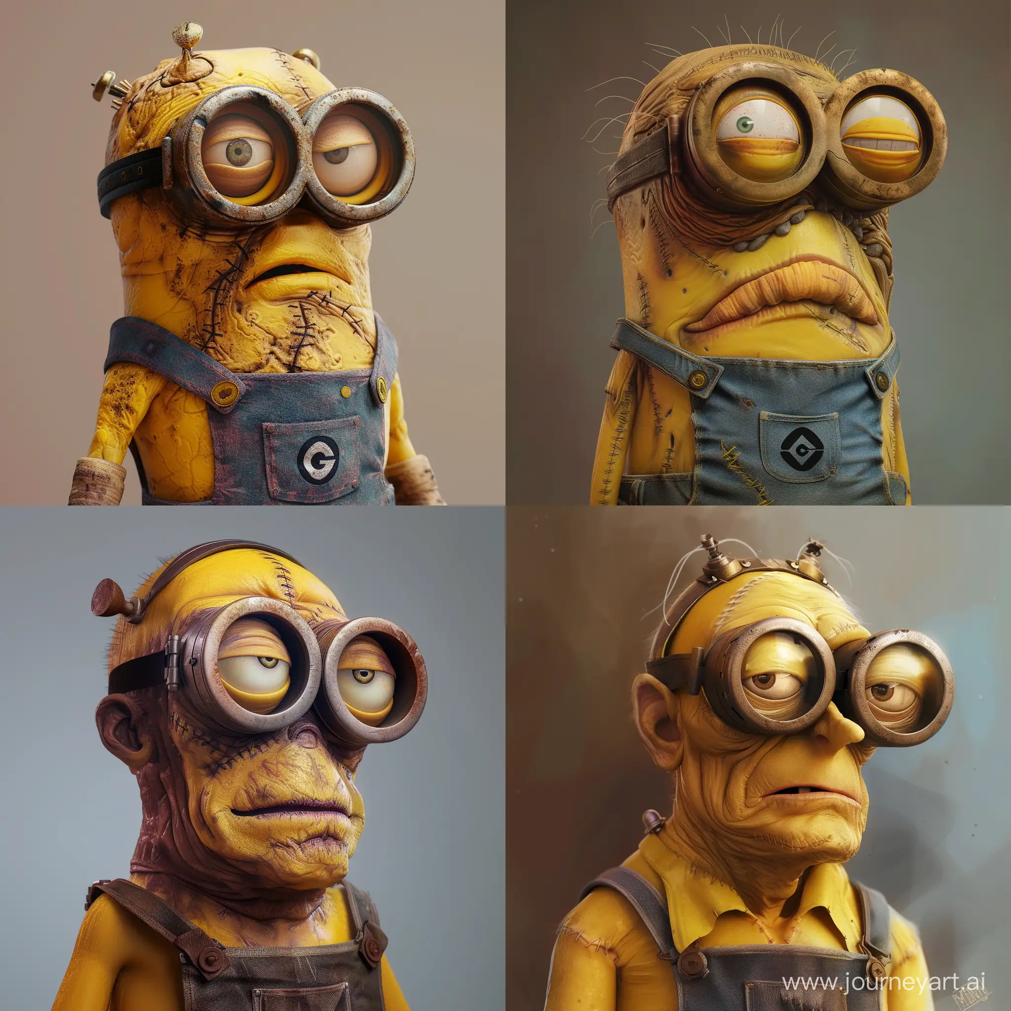 Create a photorealistic depiction of a Frankenstein-Minion hybrid from the movie Minions. This character should embody the classic elements of Frankenstein's monster fused with the distinctive features of a Minion, including its yellow skin, goggles, and overalls. Ensure that the portrayal maintains the recognizable charm of both iconic characters while seamlessly integrating their visual traits into a cohesive and visually compelling composition.