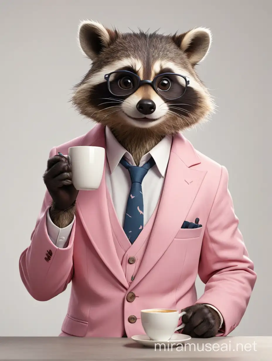 Nerdy Raccoon in Pink Suit Enjoying Coffee on White Background