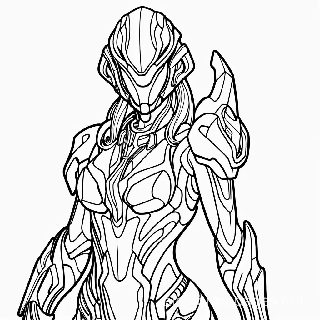 Jaana Warframe, Coloring Page, black and white, line art, white background, Simplicity, Ample White Space. The background of the coloring page is plain white to make it easy for young children to color within the lines. The outlines of all the subjects are easy to distinguish, making it simple for kids to color without too much difficulty