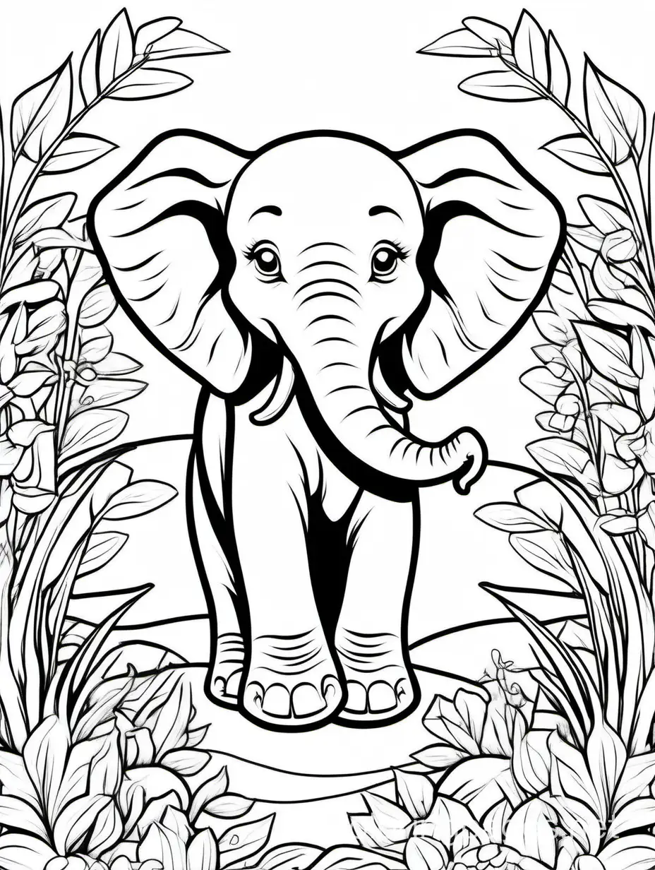 baby elephant with small plants around, Coloring Page, black and white, line art, white background, Simplicity, Ample White Space. The background of the coloring page is plain white to make it easy for young children to color within the lines. The outlines of all the subjects are easy to distinguish, making it simple for kids to color without too much difficulty
